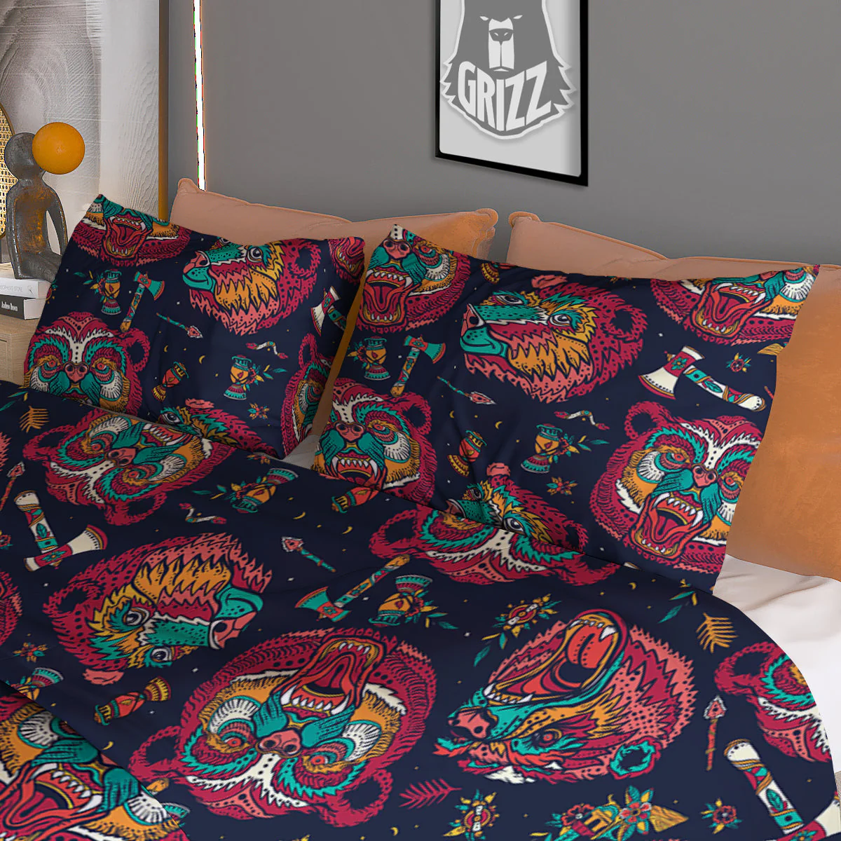 Grizz Bear Oldschool Tattoo Print Pattern Duvet Cover Bedding Set - Image 3