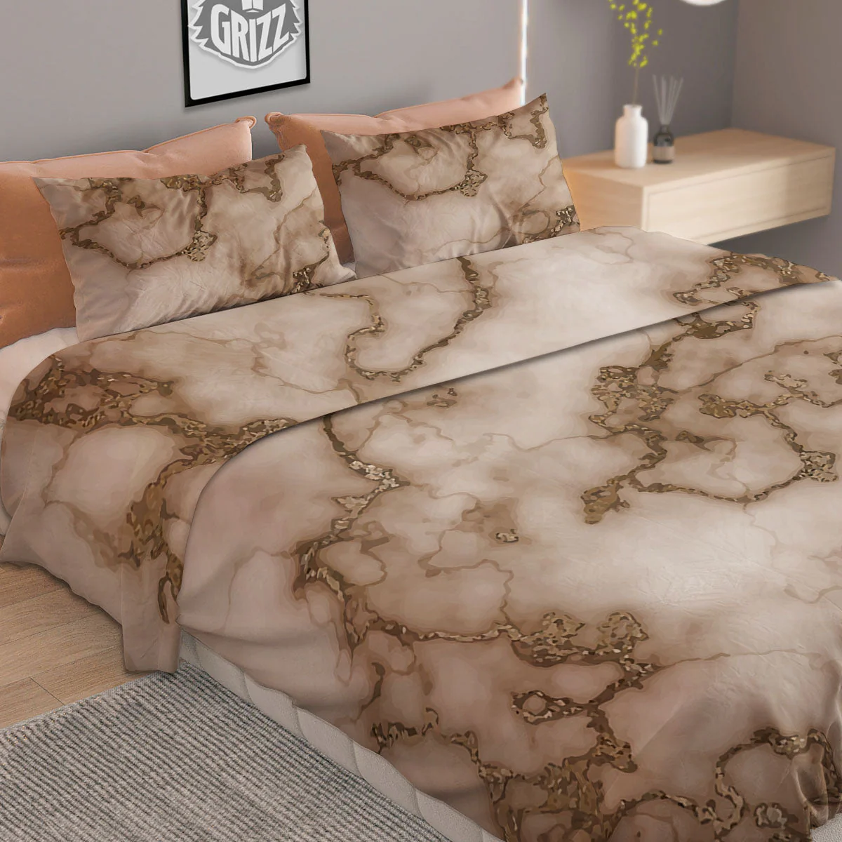 Grunge Marble White Brown Print Pattern Duvet Cover Bedding Set - Image 2