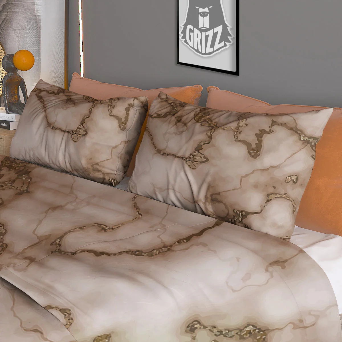 Grunge Marble White Brown Print Pattern Duvet Cover Bedding Set - Image 3
