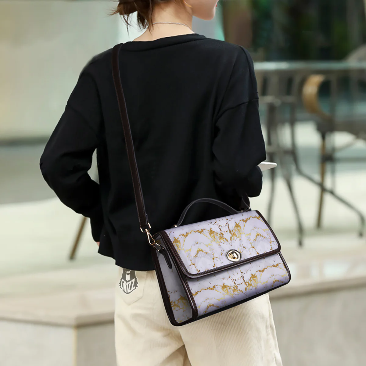 Grunge Marble White Gold Print Pattern Women's Satchel Bag - Image 3