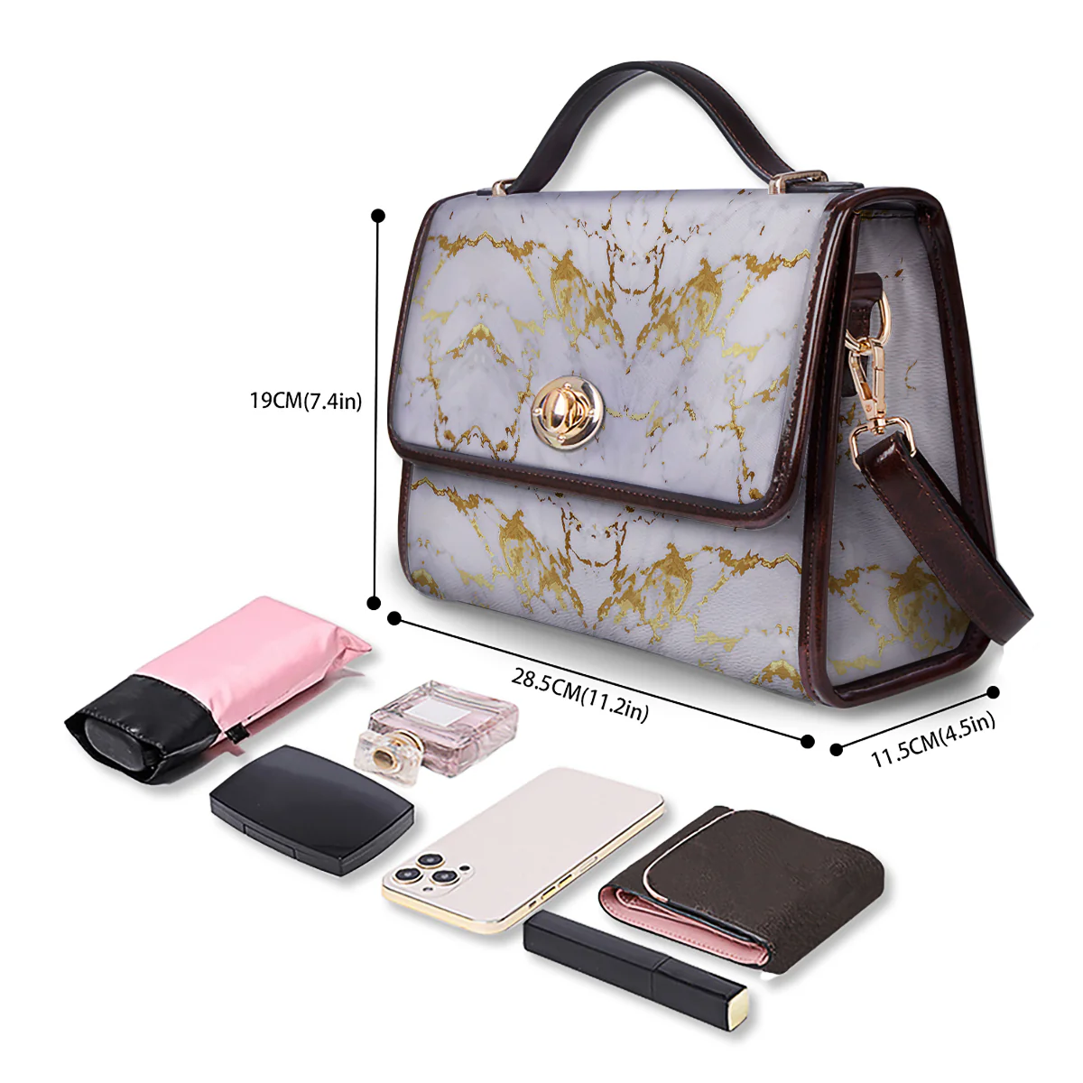 Grunge Marble White Gold Print Pattern Women's Satchel Bag - Image 4