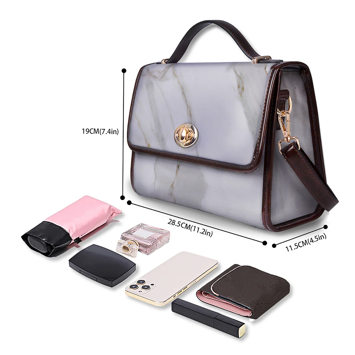 Grunge Marble White Print Pattern Women's Satchel Bag - Image 4