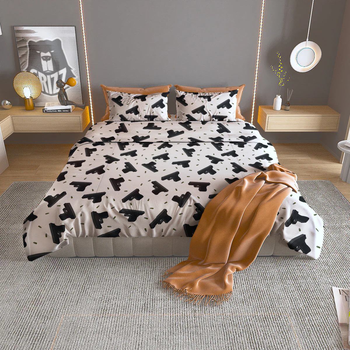 Gun Bullet White And Black Print Pattern Duvet Cover Bedding Set