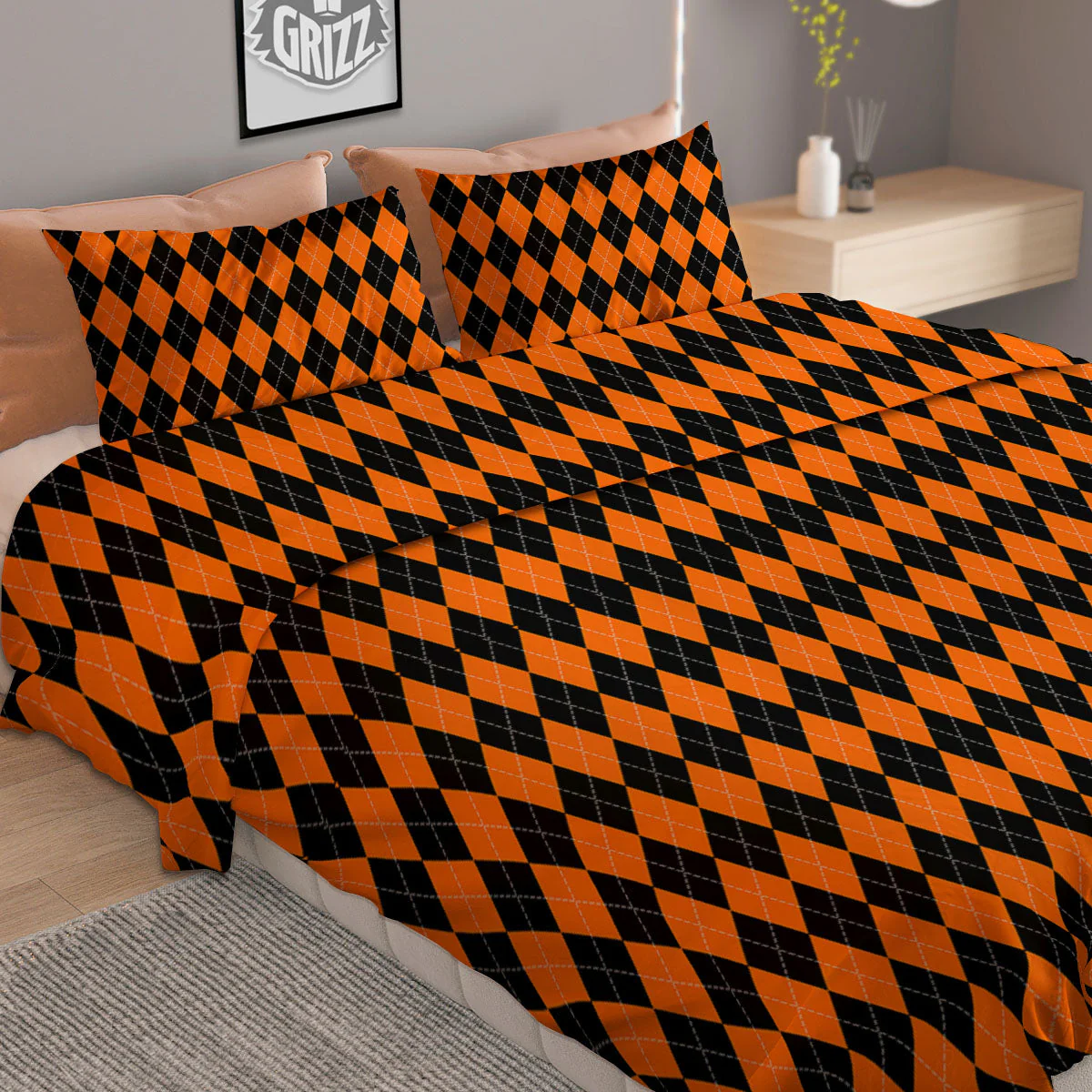 Halloween Argyle Black And Orange Print Duvet Cover Bedding Set - Image 2