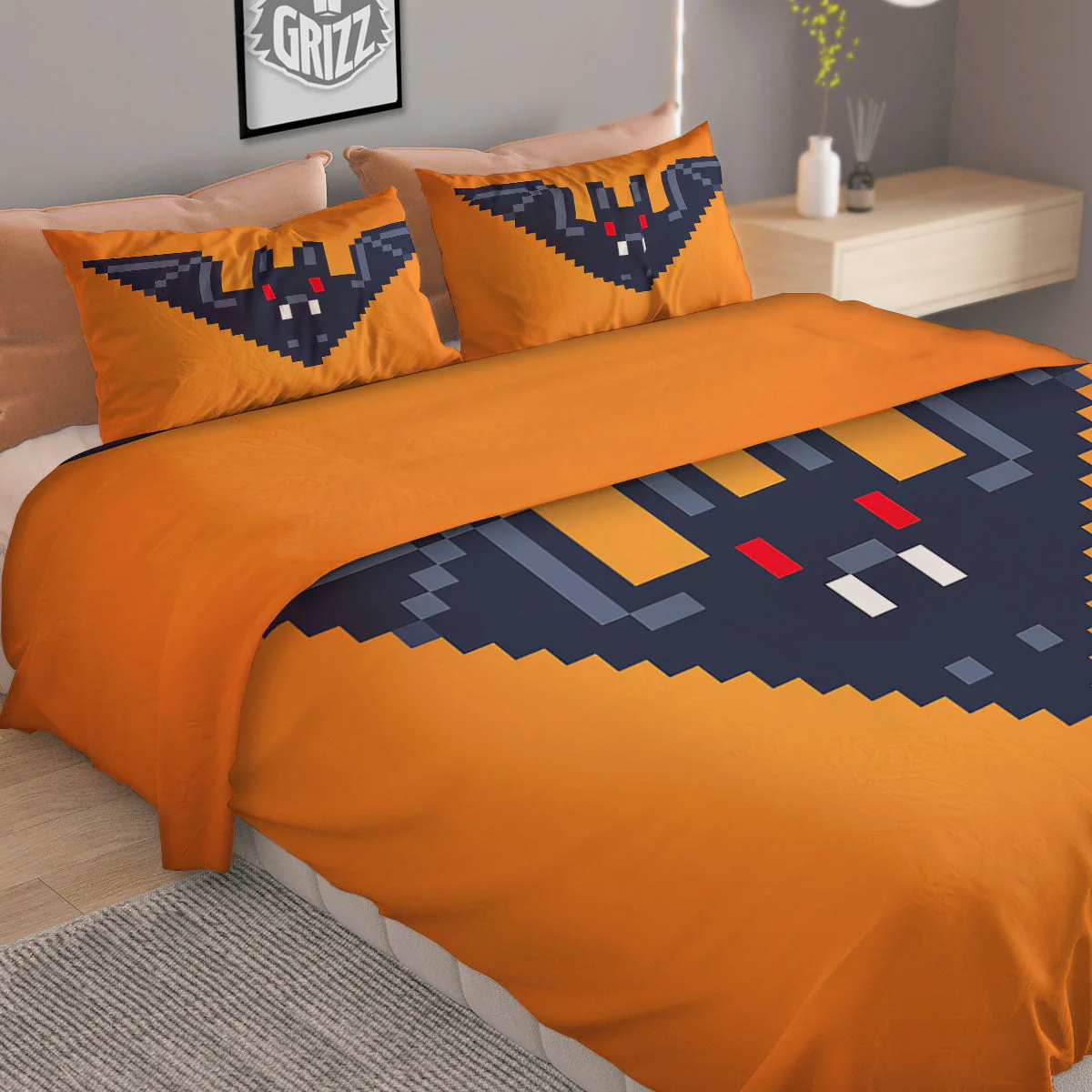 Halloween Bat 8-Bit Pixel Print Duvet Cover Bedding Set - Image 2
