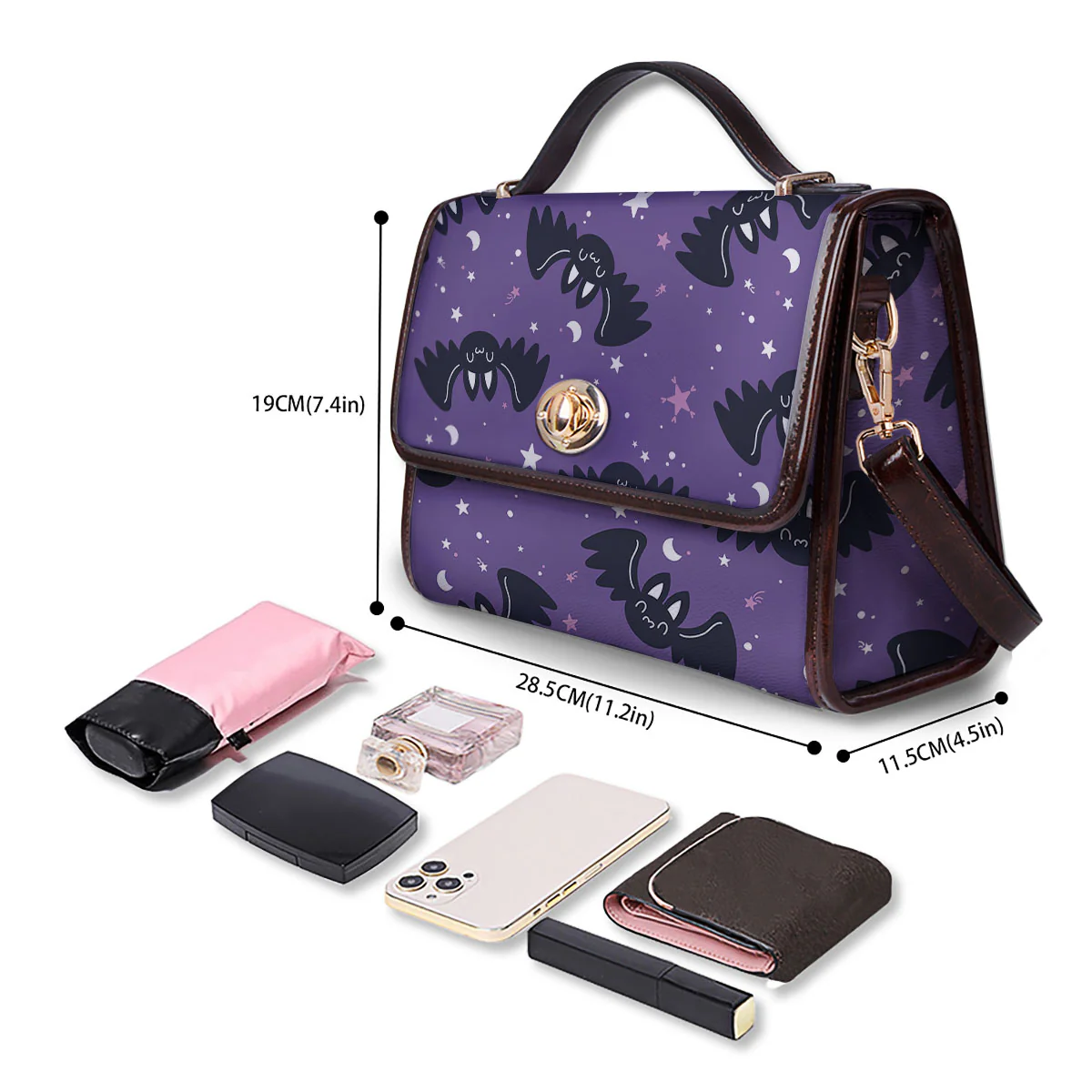 Halloween Bat Black And Purple Print Women's Satchel Bag - Image 4