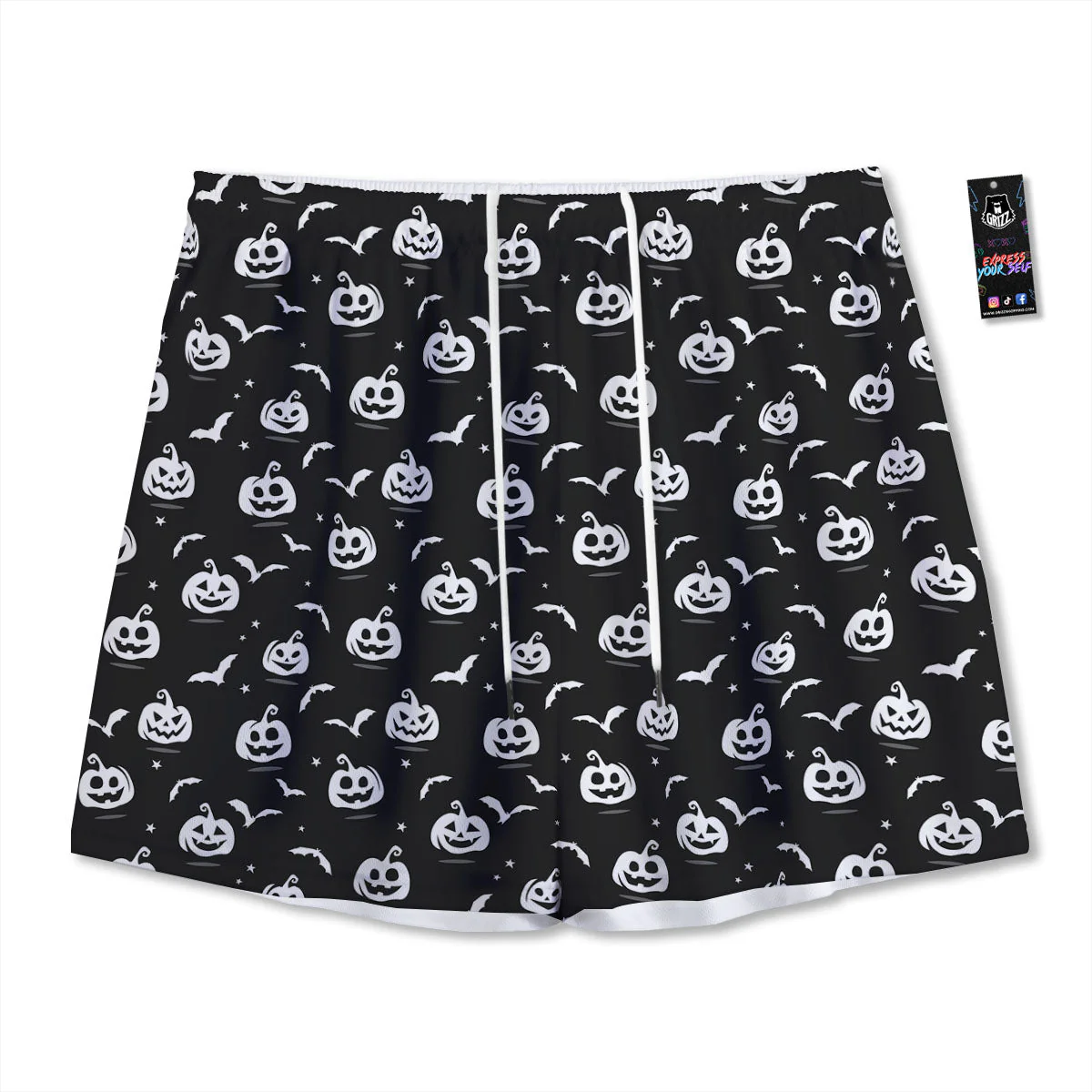 Halloween Bat White And Black Print Mesh Shorts