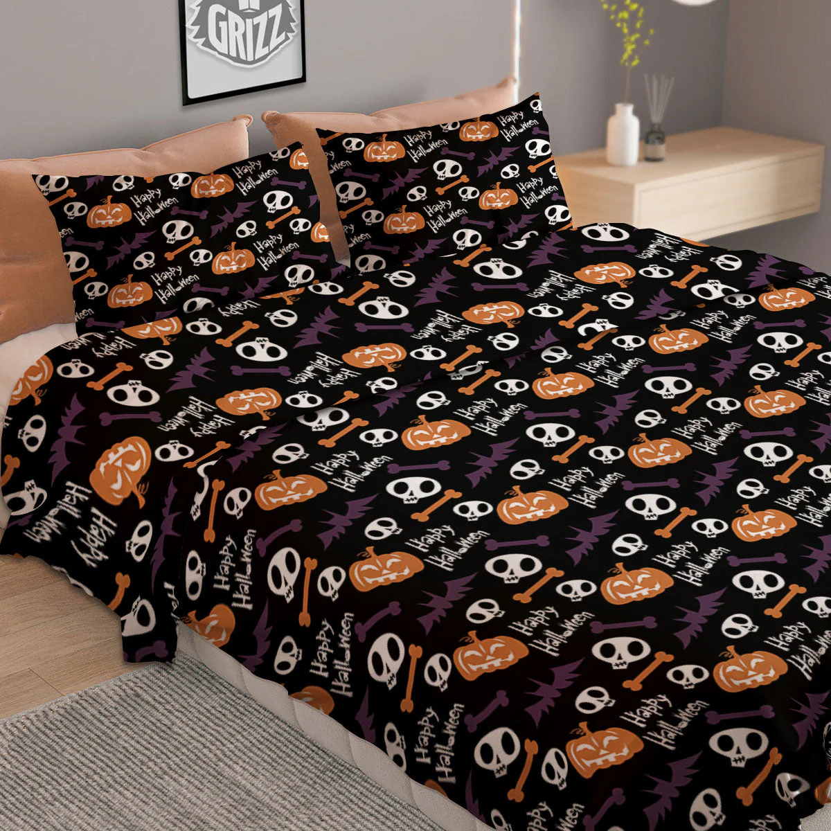 Halloween Black And Orange Print Pattern Duvet Cover Bedding Set - Image 2