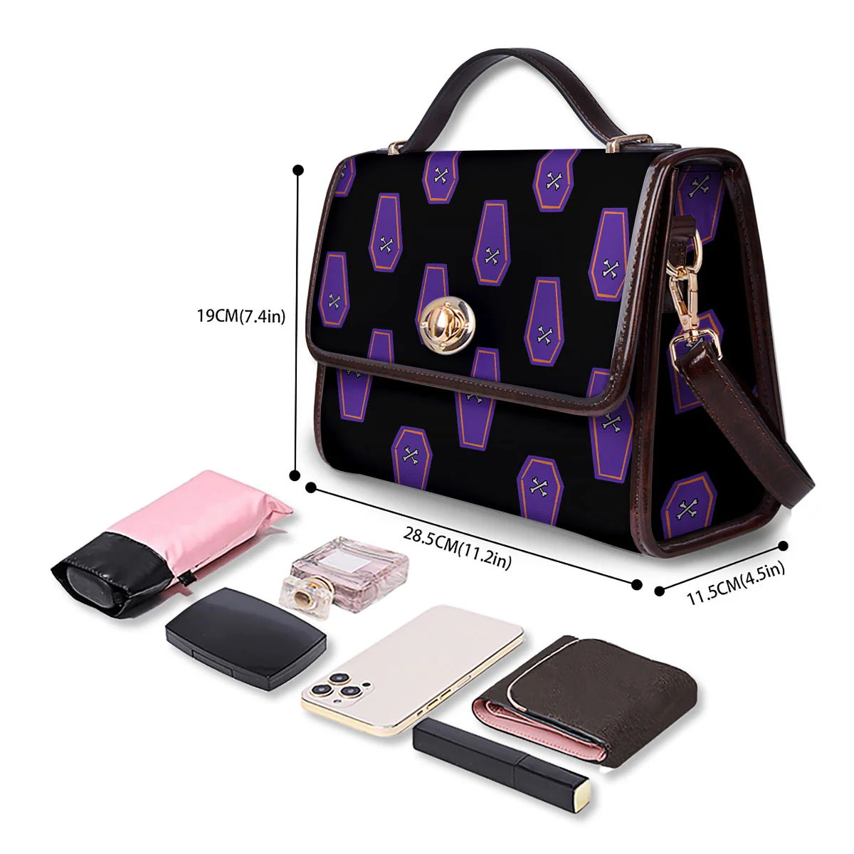 Halloween Coffin Purple Print Pattern Women's Satchel Bag - Image 4