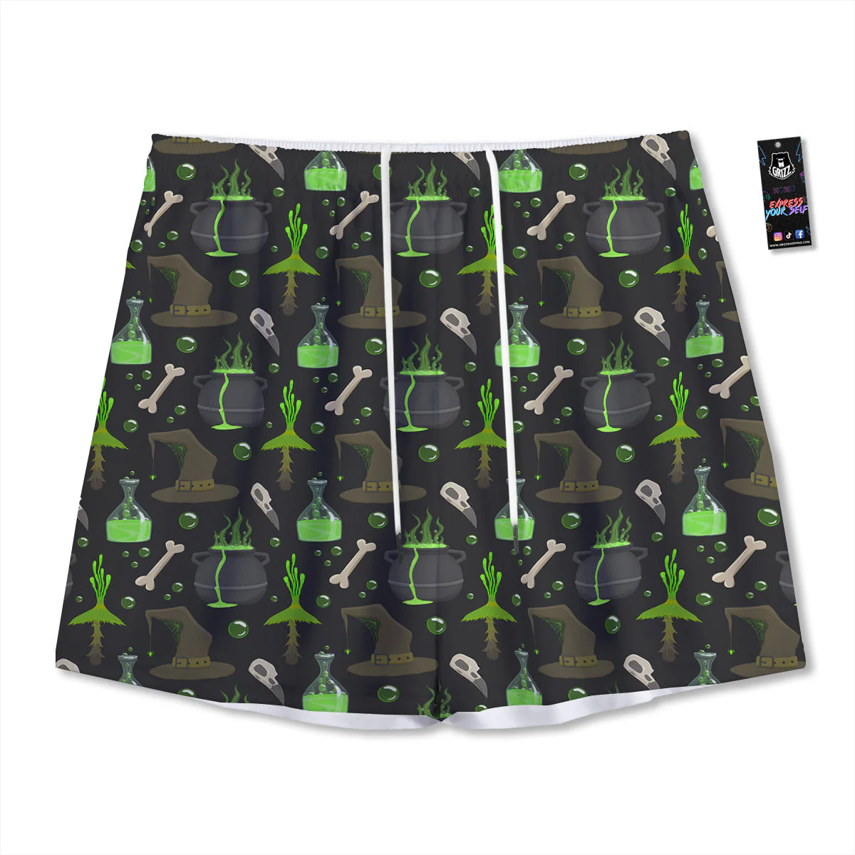 Halloween Green Poison Witch Print Pattern Mesh Shorts