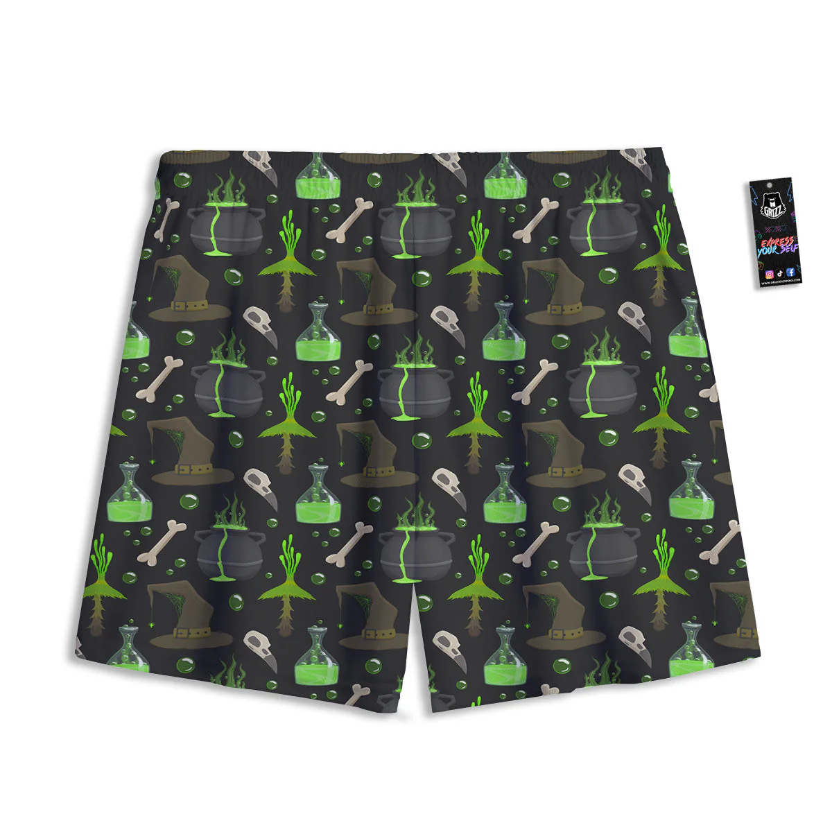 Halloween Green Poison Witch Print Pattern Mesh Shorts - Image 2