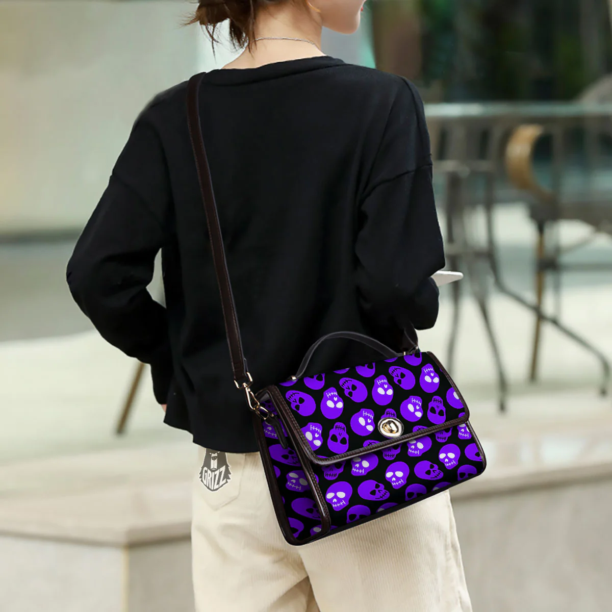 Halloween Skull Black And Purple Print Women's Satchel Bag - Image 3