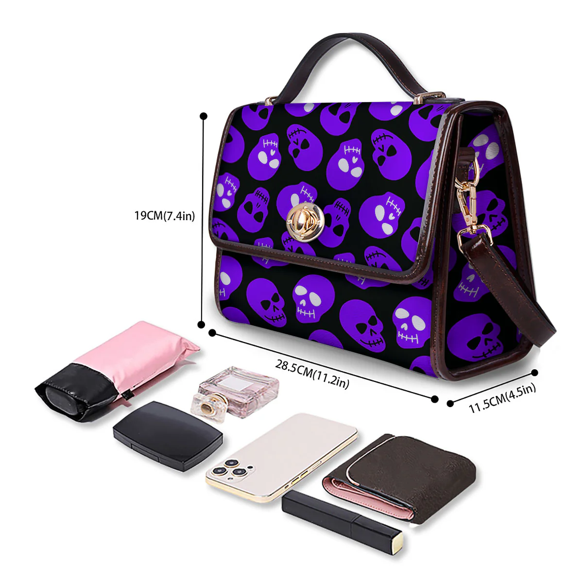 Halloween Skull Black And Purple Print Women's Satchel Bag - Image 4