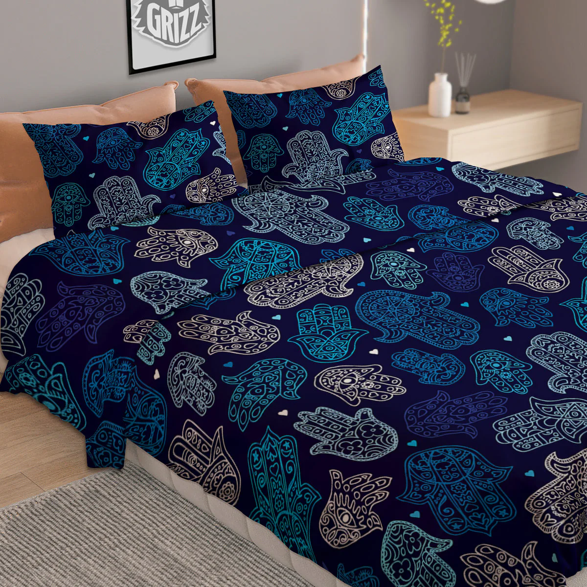 Hamsa Turquoise Print Pattern Duvet Cover Bedding Set - Image 2