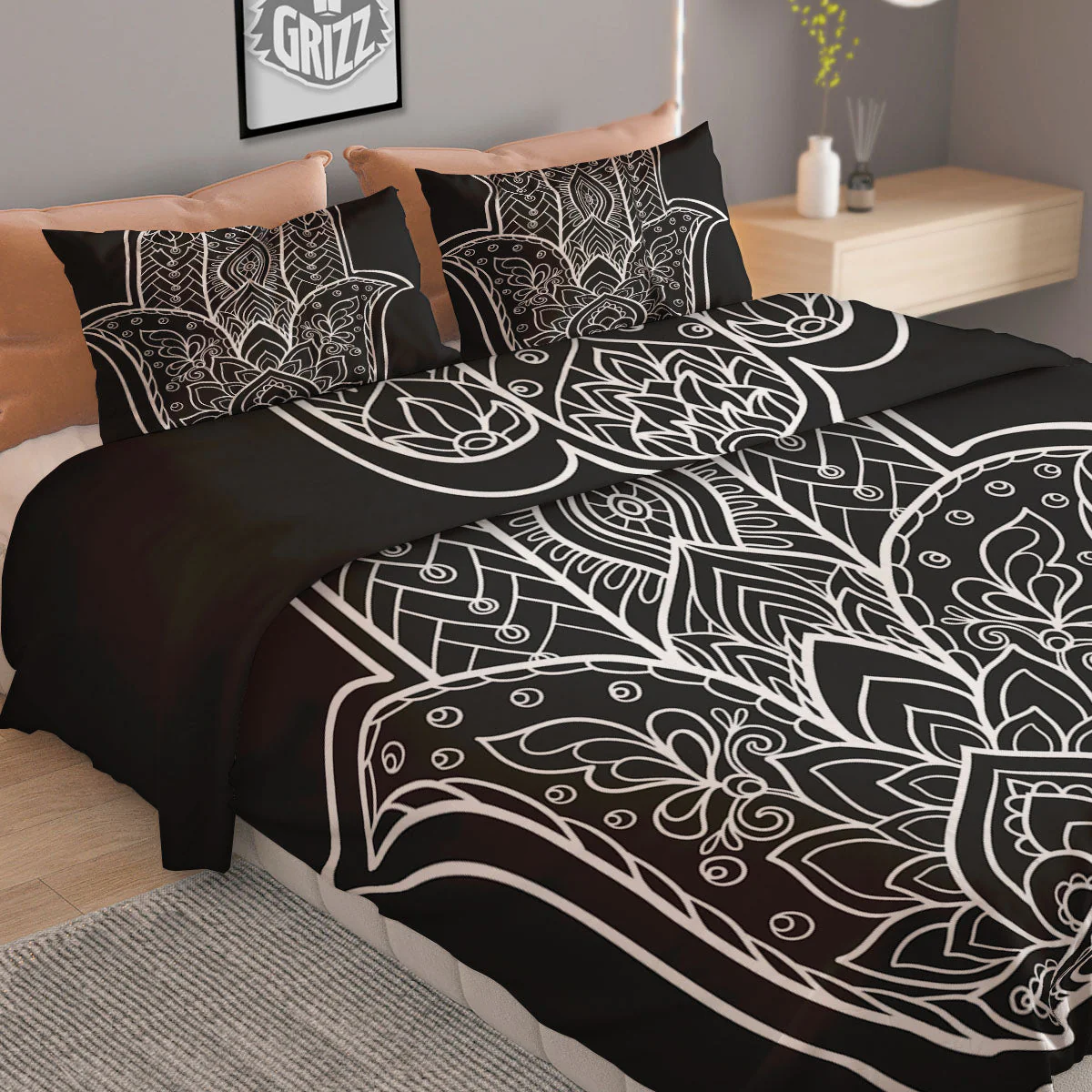 Hamsa White And Black Print Duvet Cover Bedding Set - Image 2