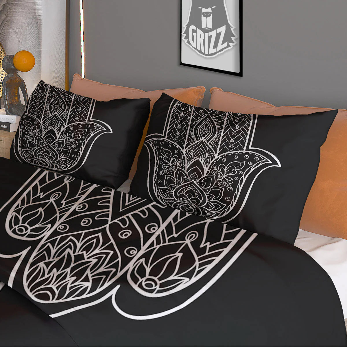 Hamsa White And Black Print Duvet Cover Bedding Set - Image 3