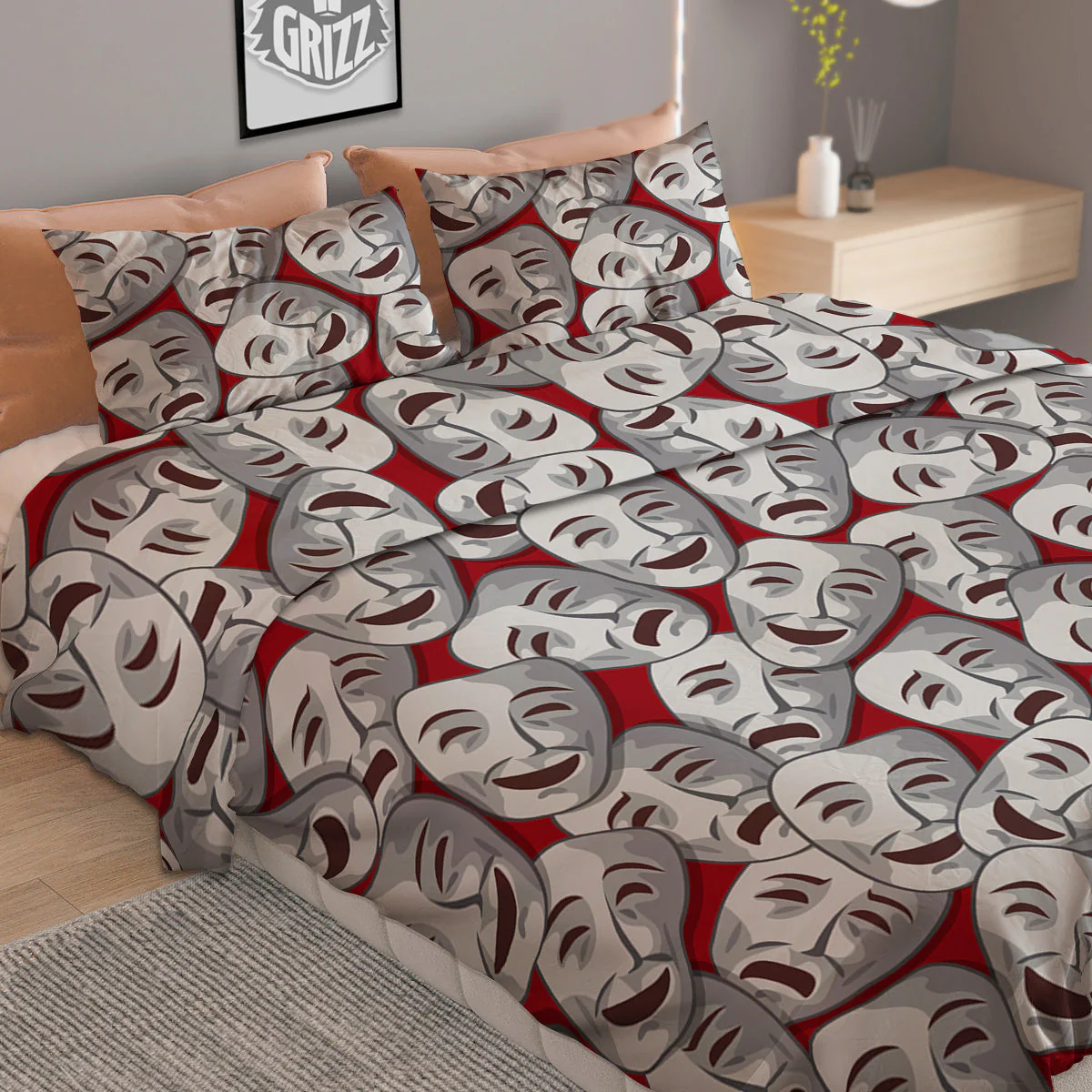 Happy And Sad Theatrical Masks Print Pattern Duvet Cover Bedding Set - Image 2