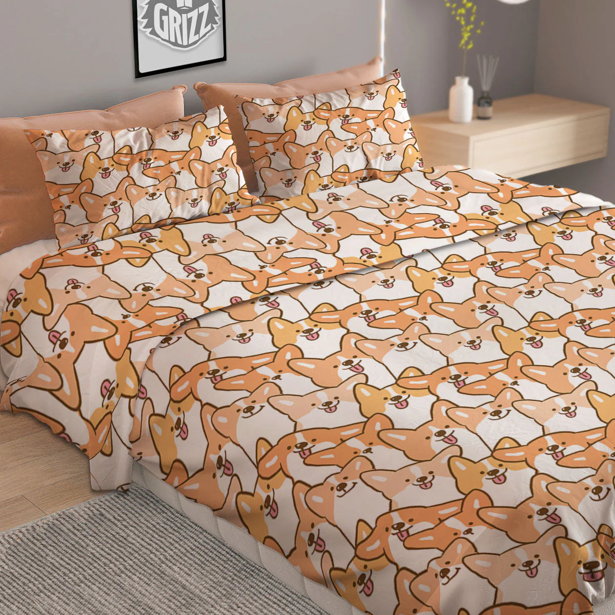 Happy Corgi Print Pattern Duvet Cover Bedding Set - Image 2