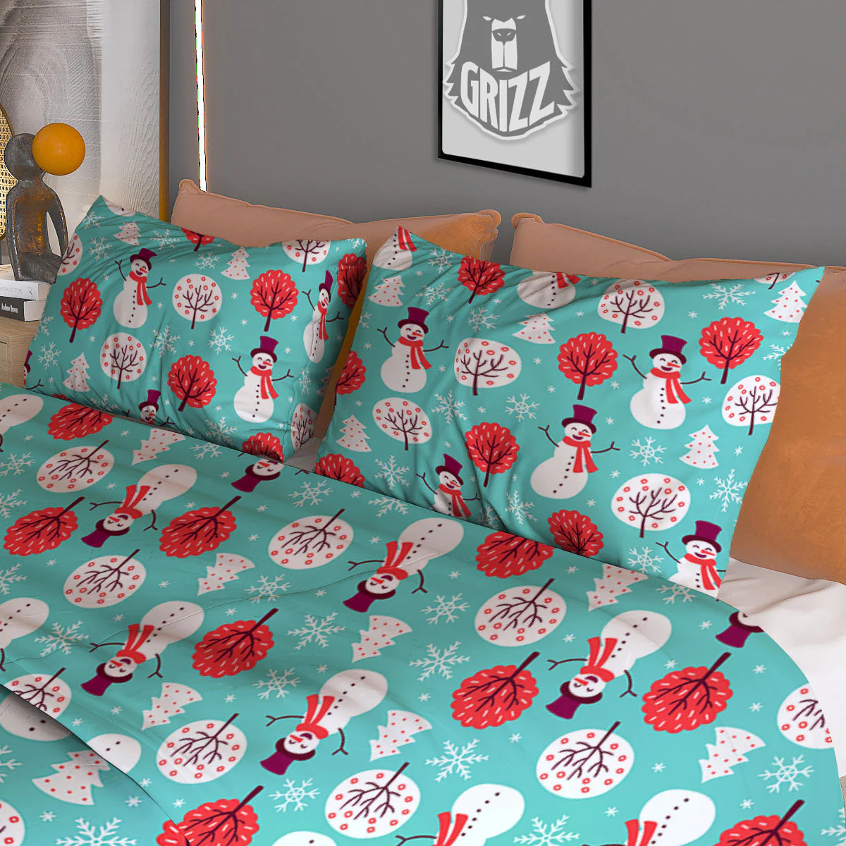 Happy Snowman Print Pattern Duvet Cover Bedding Set - Image 3
