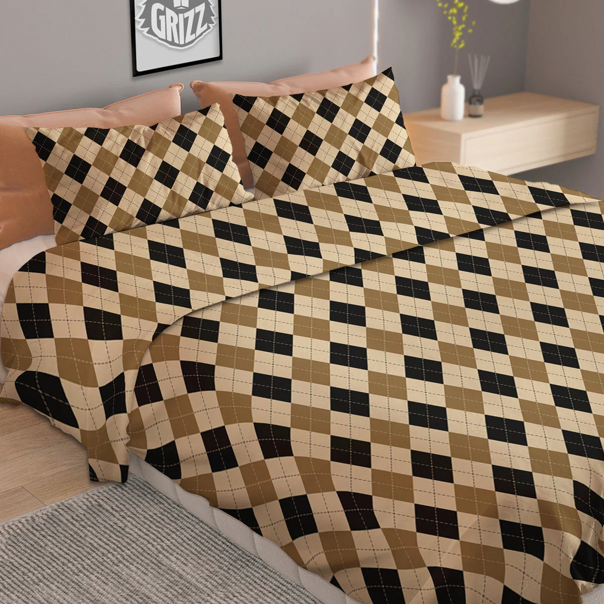 Harlequin Gold And Black Print Pattern Duvet Cover Bedding Set - Image 2