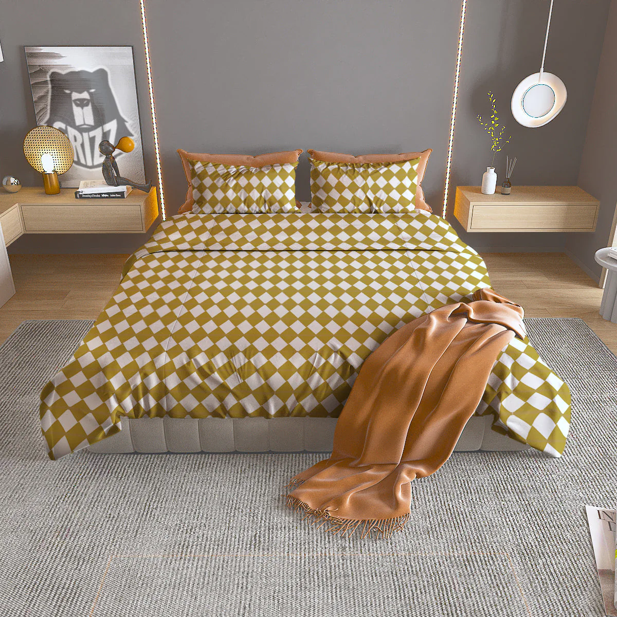 Harlequin Gold And White Print Pattern Duvet Cover Bedding Set