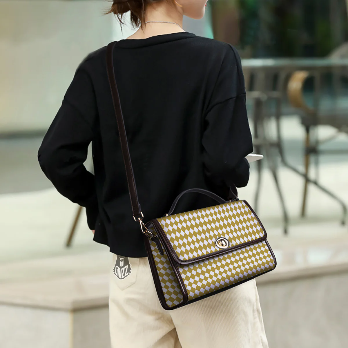 Harlequin Gold And White Print Pattern Women's Satchel Bag - Image 3