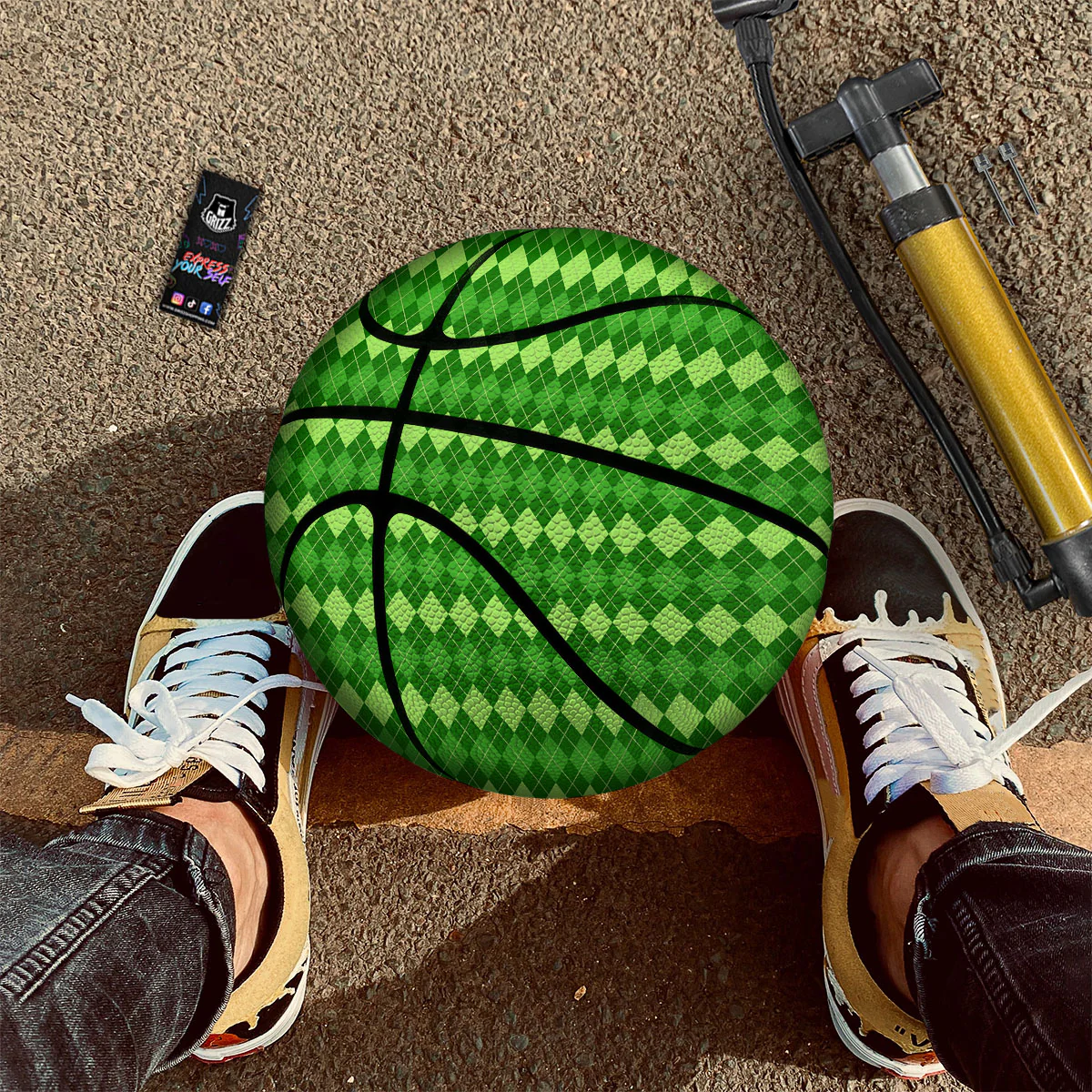 Harlequin Green Print Pattern Basketball - Image 2