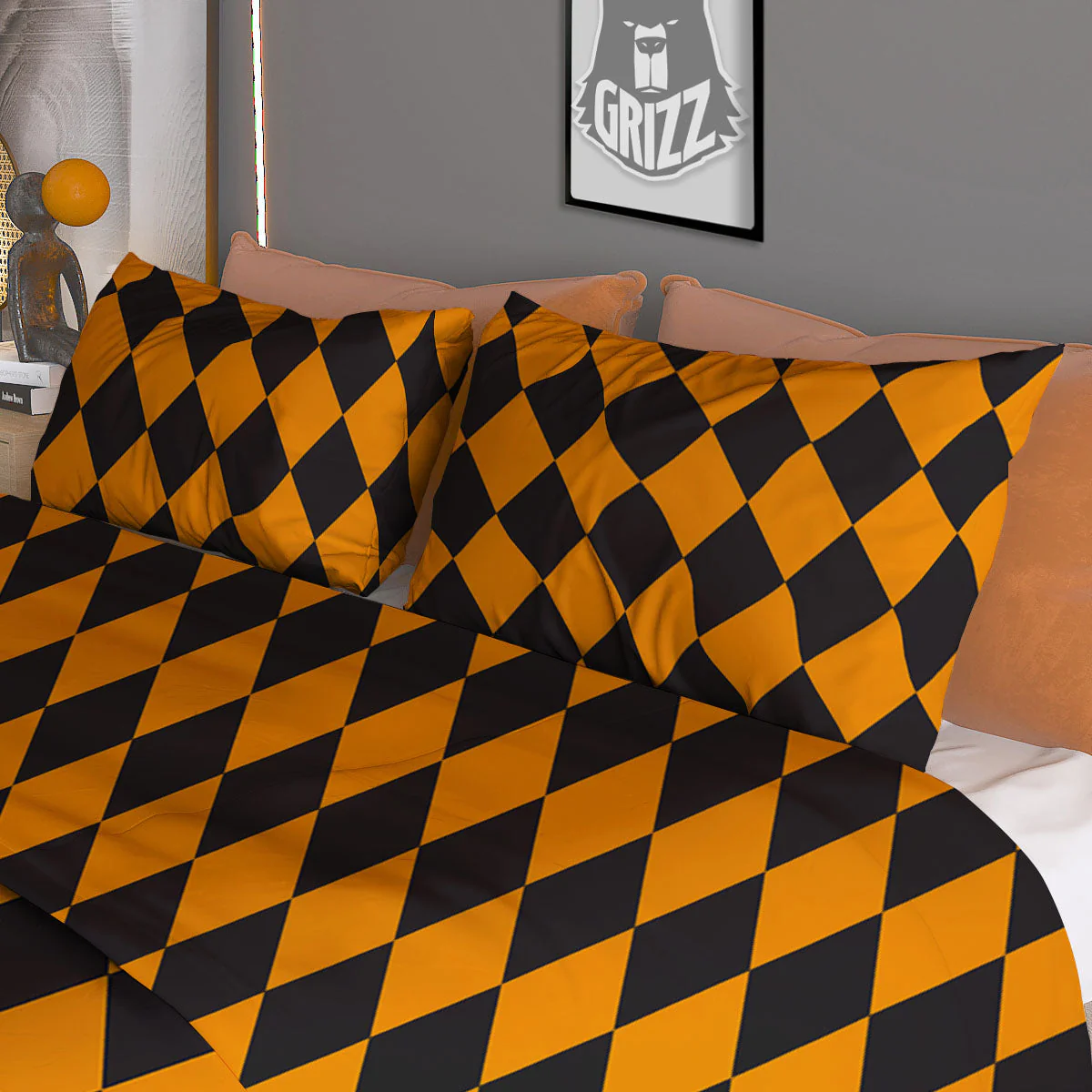 Harlequin Orange And Black Print Duvet Cover Bedding Set - Image 3