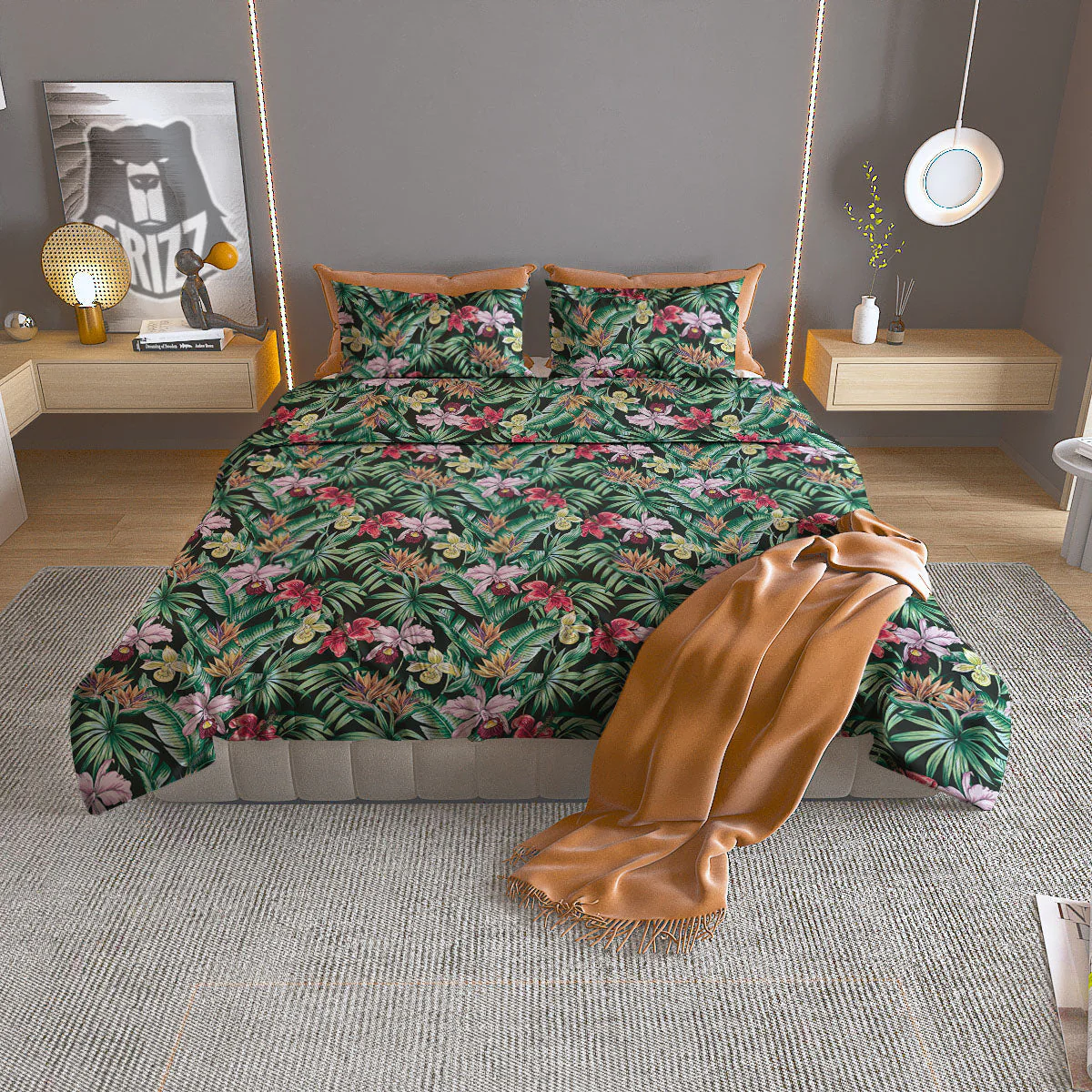 Hawaii Hibiscus Orchids Print Pattern Duvet Cover Bedding Set
