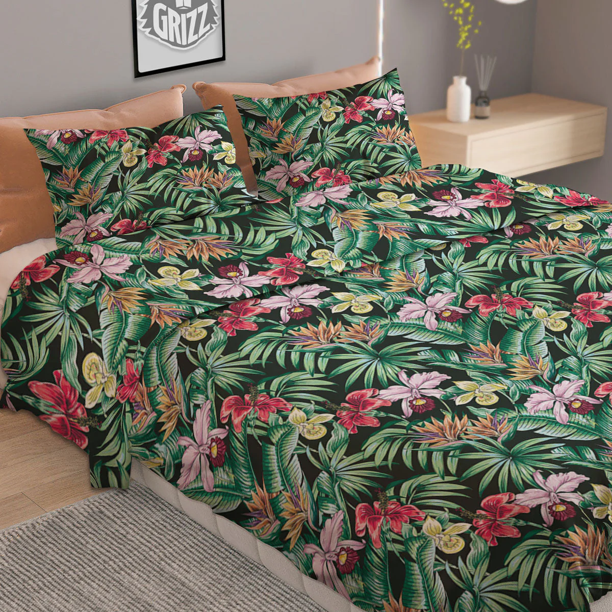 Hawaii Hibiscus Orchids Print Pattern Duvet Cover Bedding Set - Image 2