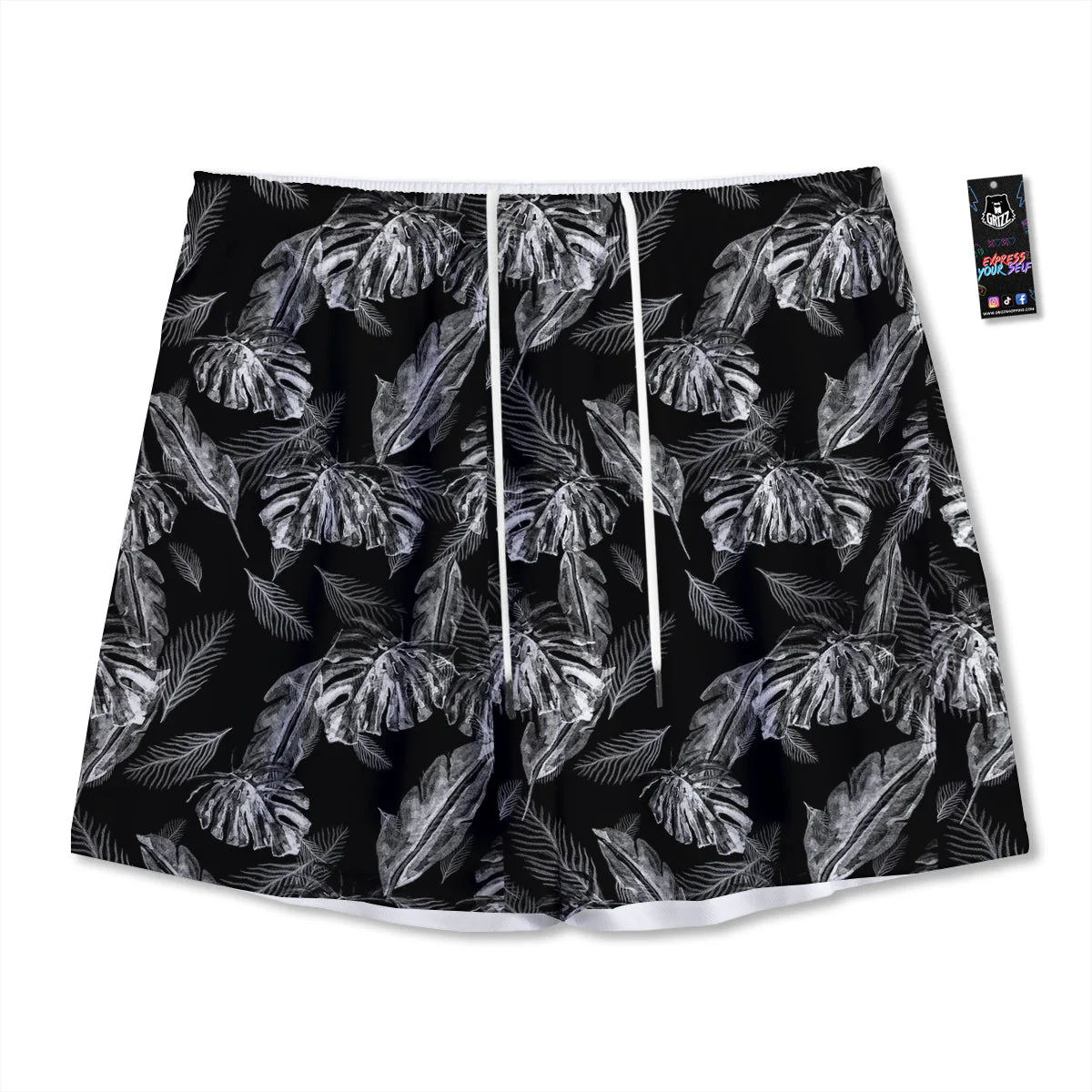 Hawaiian Black And White Print Pattern Mesh Shorts