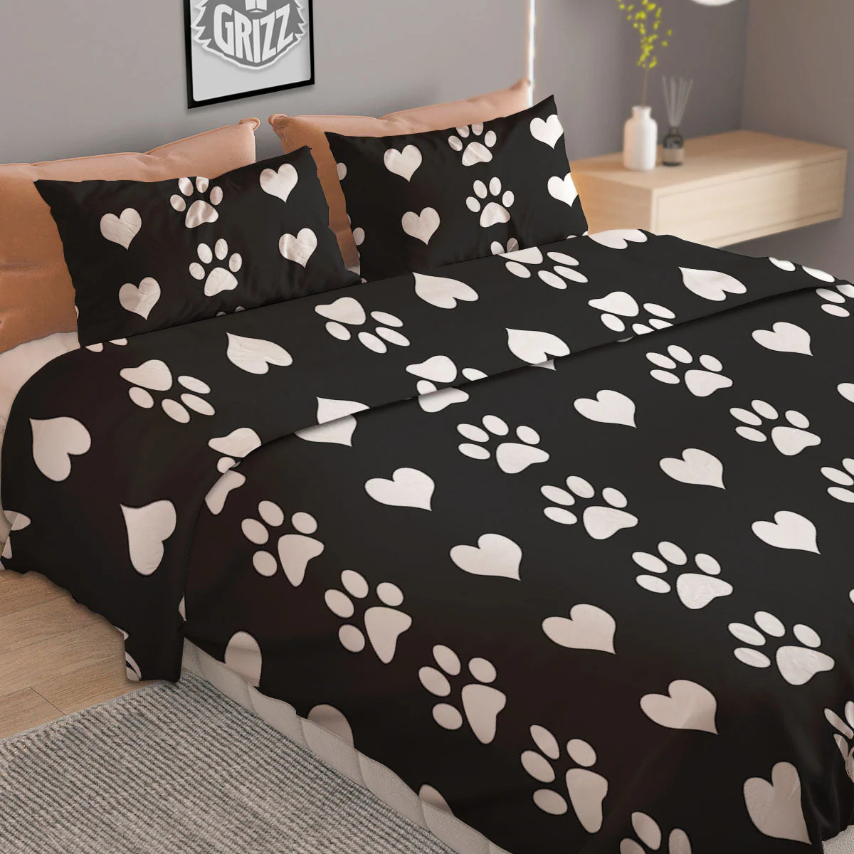 Heart And Black Paw Print Pattern Duvet Cover Bedding Set - Image 2