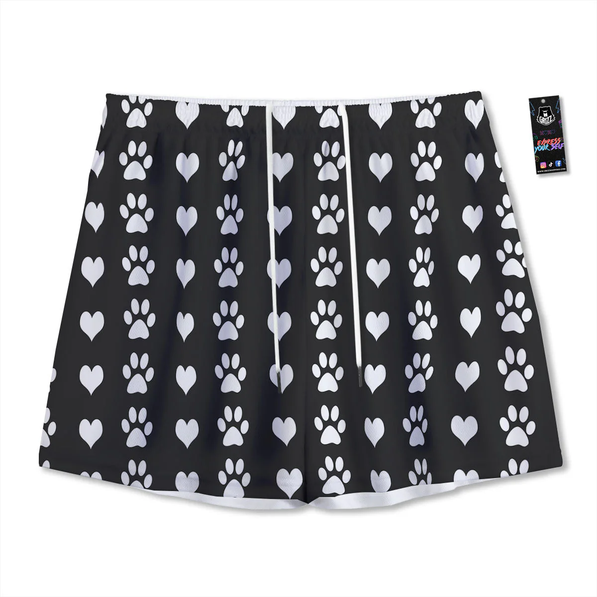 Heart And Black Paw Print Pattern Mesh Shorts