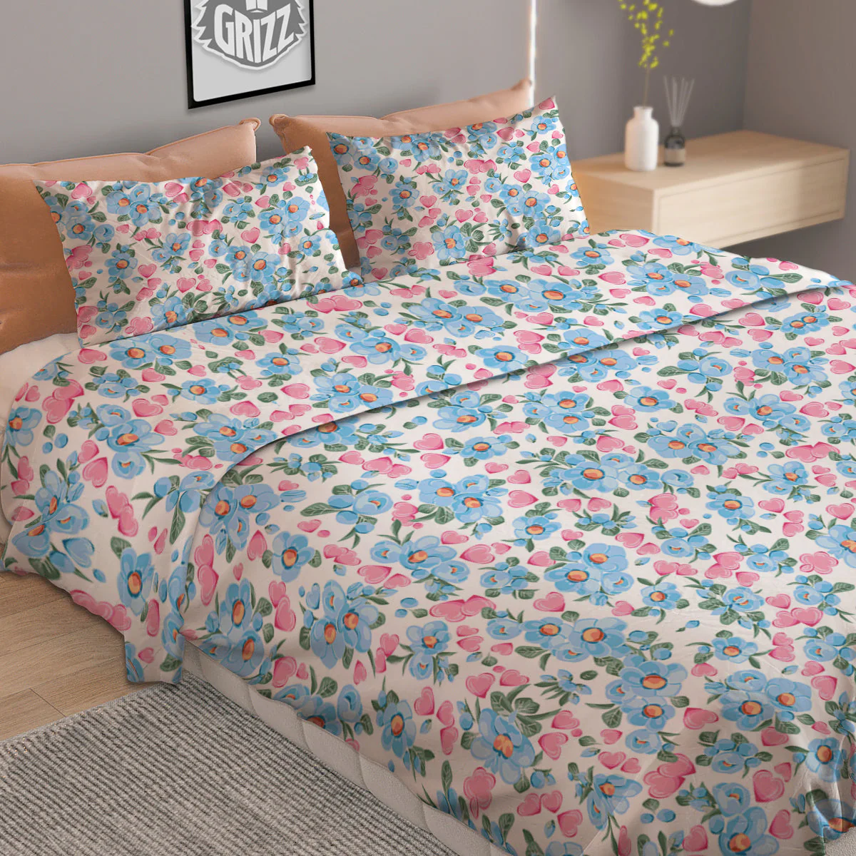 Heart And Flower Valentine's Day Print Pattern Duvet Cover Bedding Set - Image 2