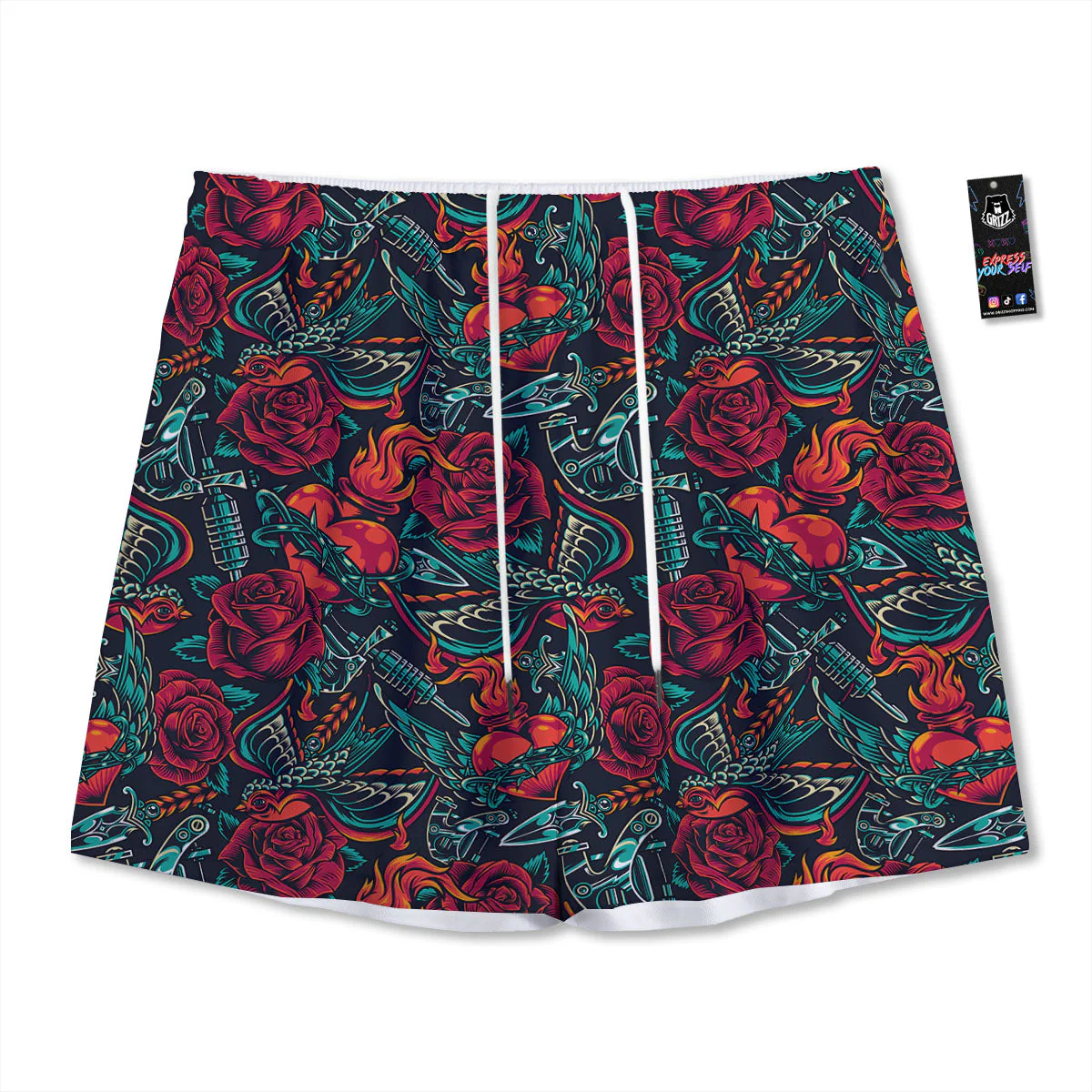 Heart And Rose Print Pattern Mesh Shorts