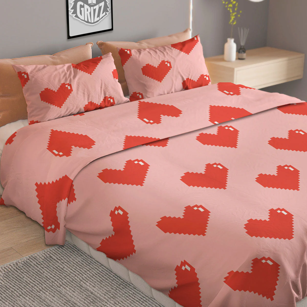 Heart Pixel Print Pattern Duvet Cover Bedding Set - Image 2