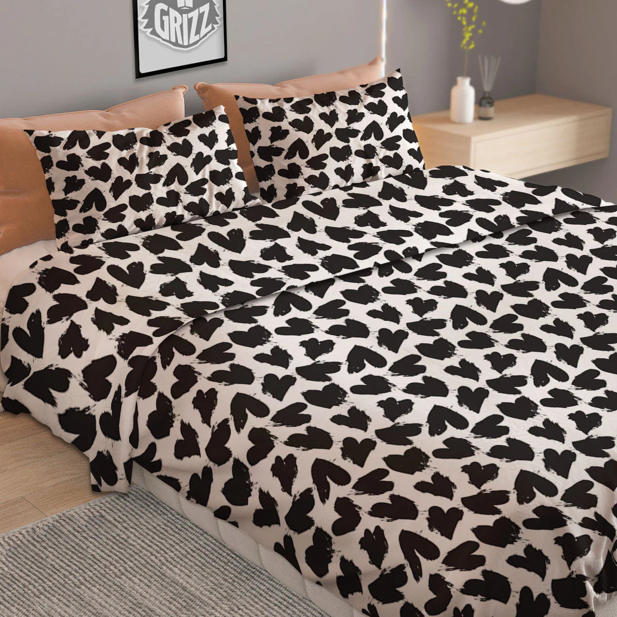 Heart White And Black Print Pattern Duvet Cover Bedding Set - Image 2