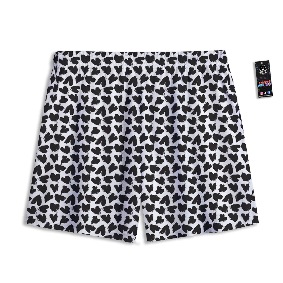 Heart White And Black Print Pattern Mesh Shorts - Image 2