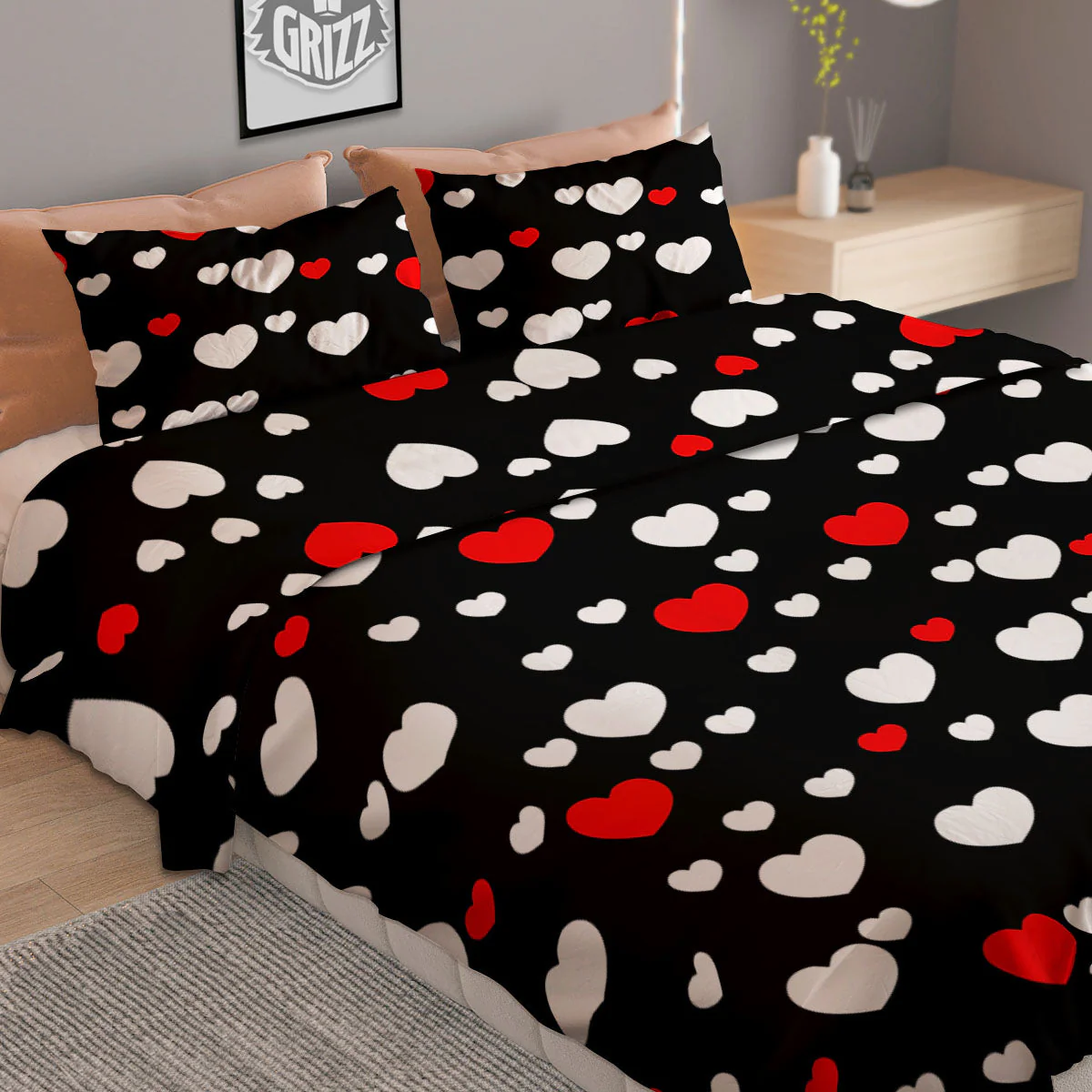 Heart White And Red Print Pattern Duvet Cover Bedding Set - Image 2