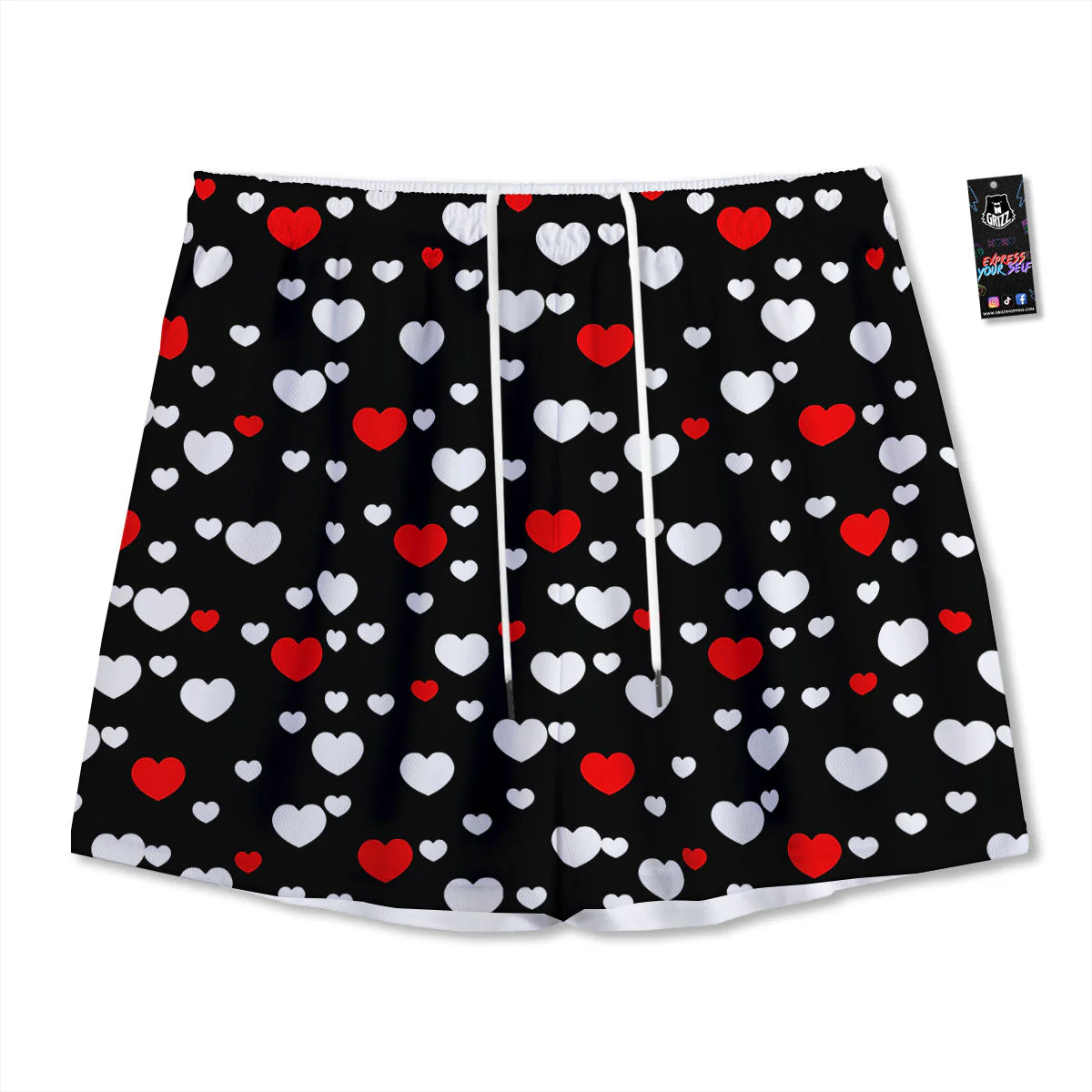 Heart White And Red Print Pattern Mesh Shorts
