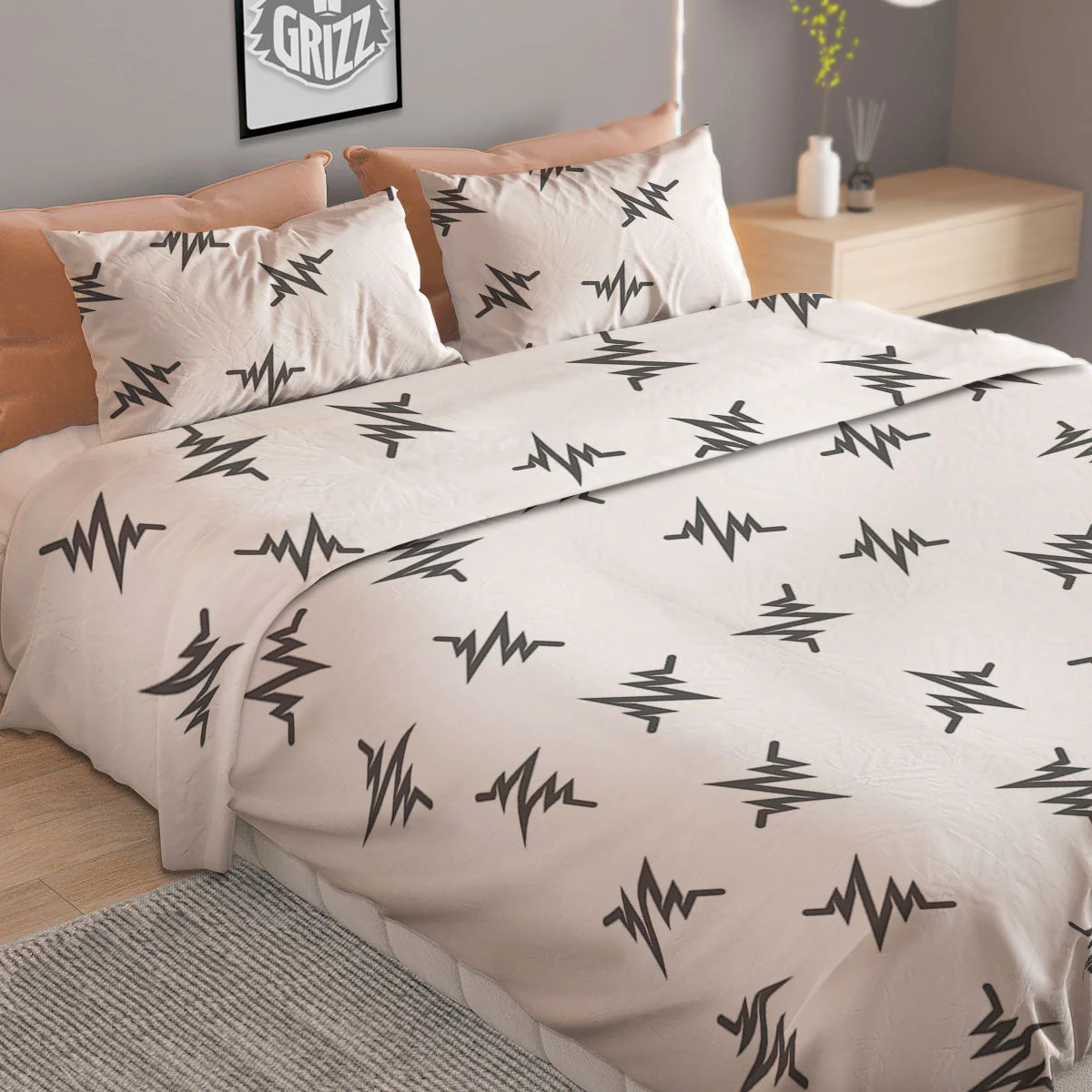 Heartbeat White And Black Print Pattern Duvet Cover Bedding Set - Image 2