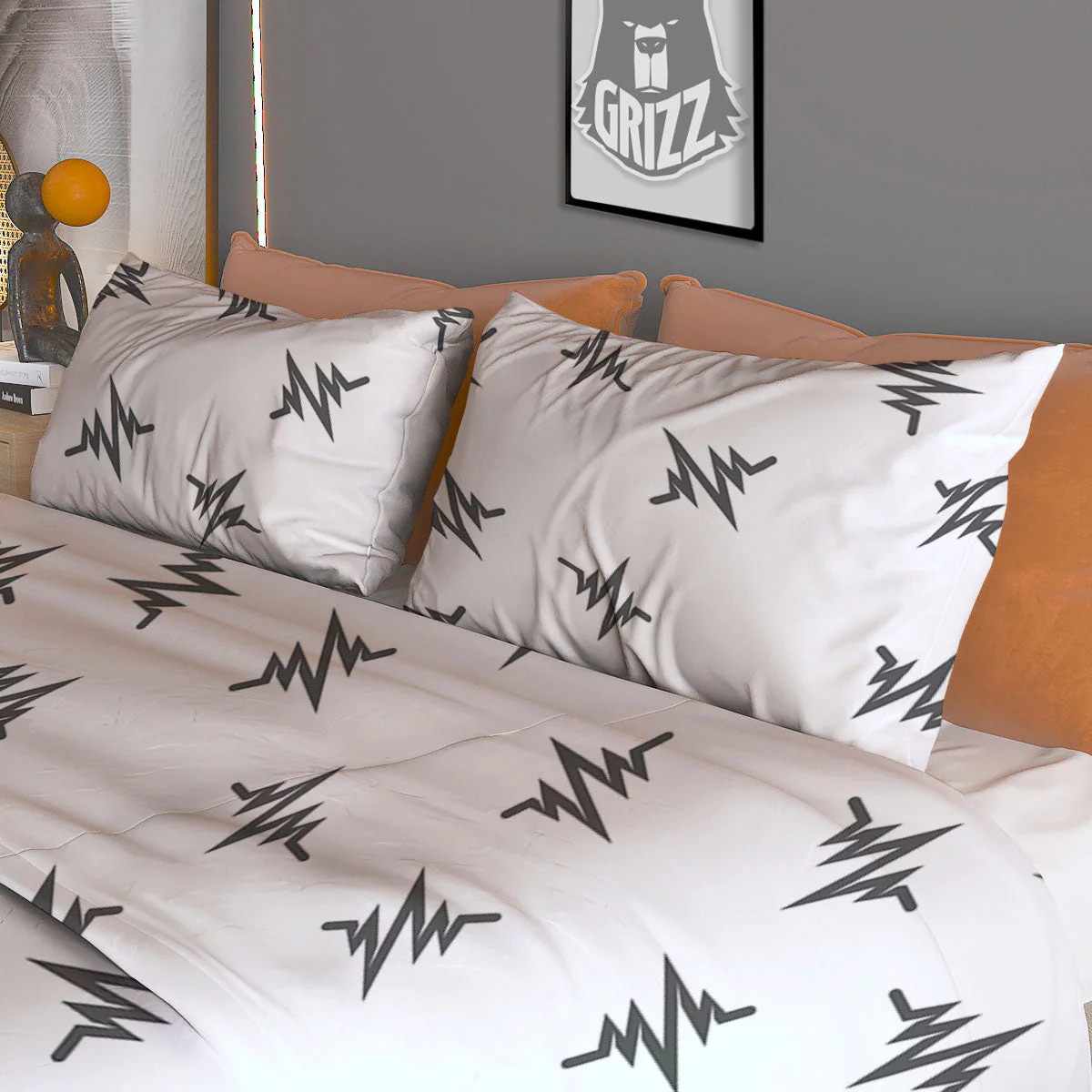 Heartbeat White And Black Print Pattern Duvet Cover Bedding Set - Image 3