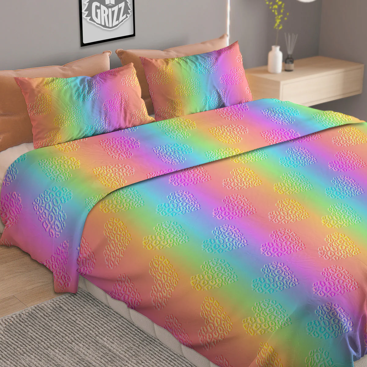 Hearts Rainbow Leopard Print Pattern Duvet Cover Bedding Set - Image 2