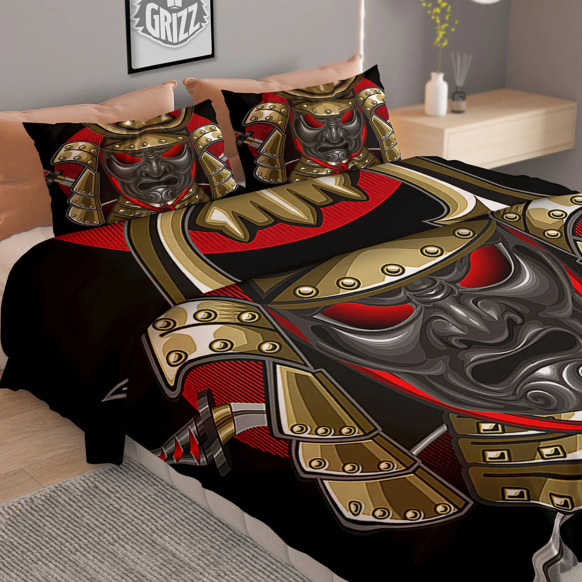 Helmet Japanese Samurai Print Duvet Cover Bedding Set - Image 2
