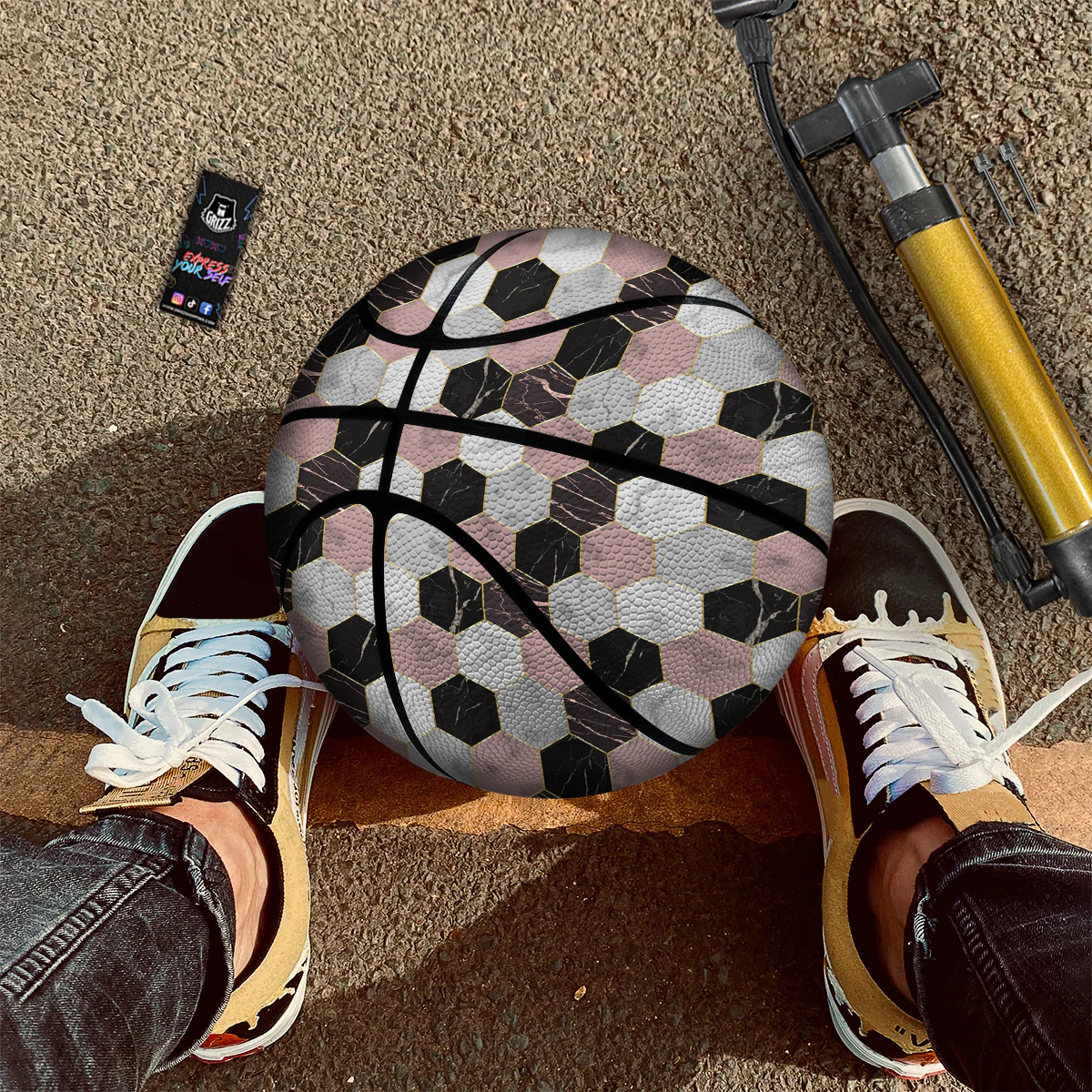 Hexagon Marble White Pink And Black Print Basketball - Image 2
