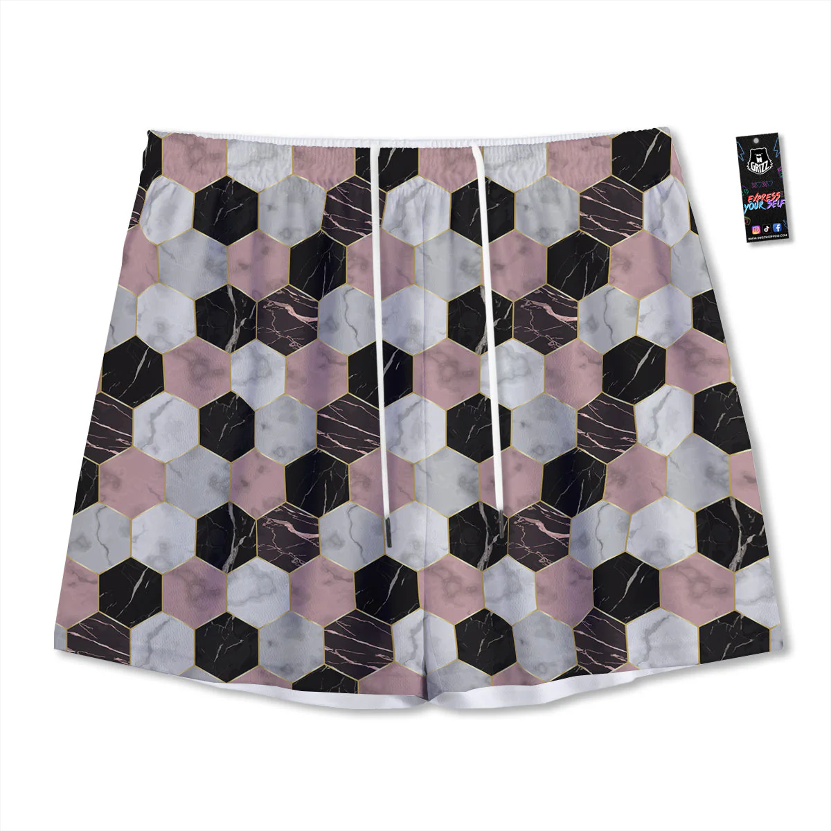 Hexagon Marble White Pink And Black Print Mesh Shorts