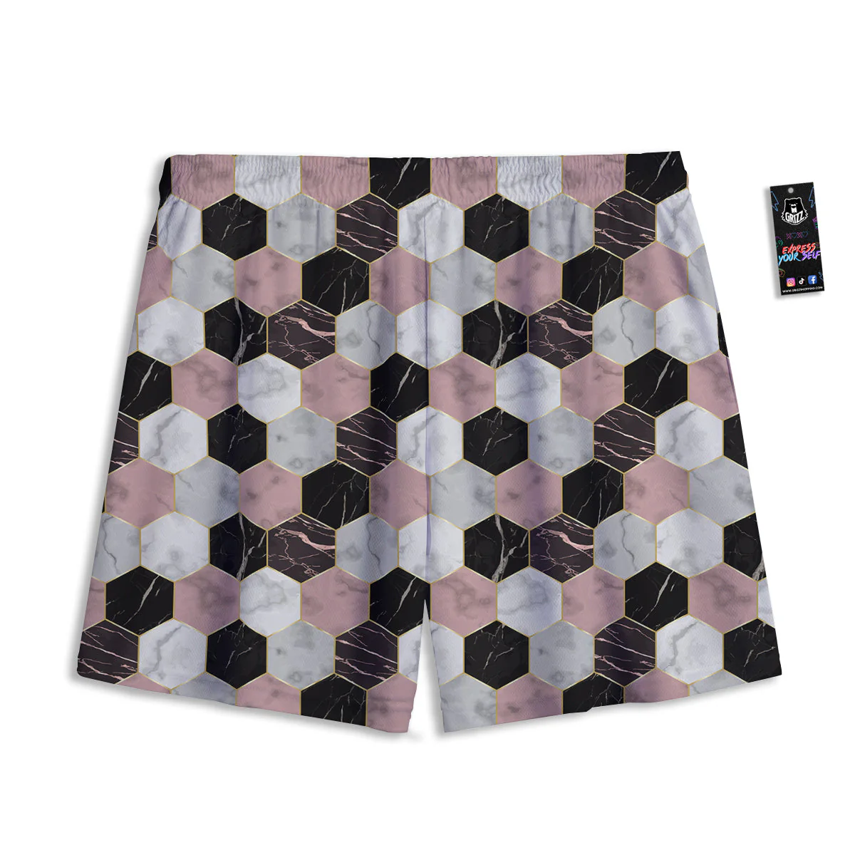 Hexagon Marble White Pink And Black Print Mesh Shorts - Image 2
