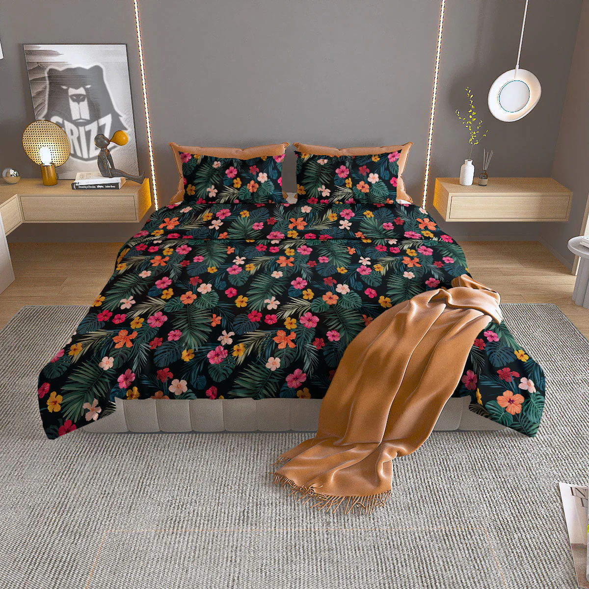 Hibiscus And Tropical Palm Print Pattern Duvet Cover Bedding Set