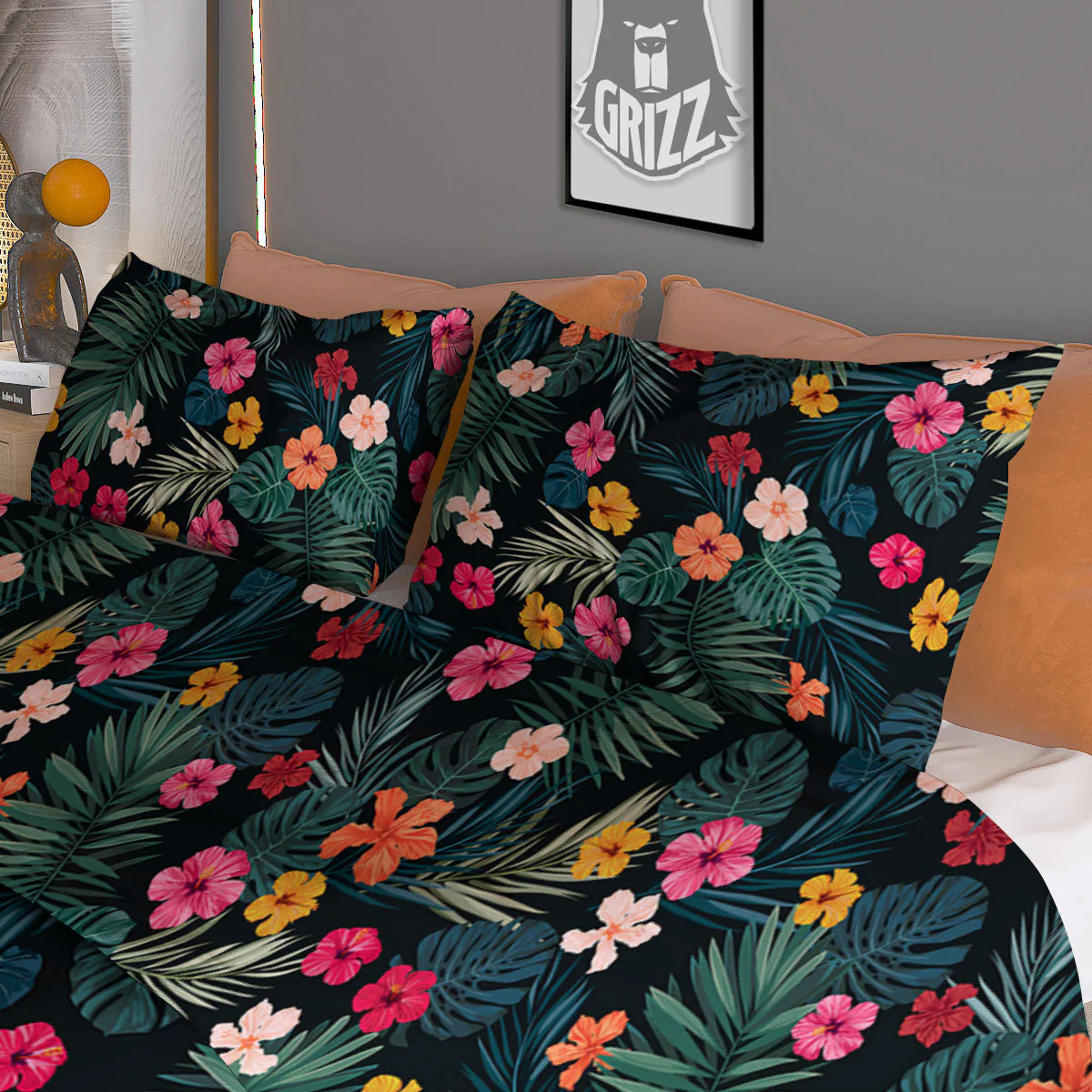 Hibiscus And Tropical Palm Print Pattern Duvet Cover Bedding Set - Image 3