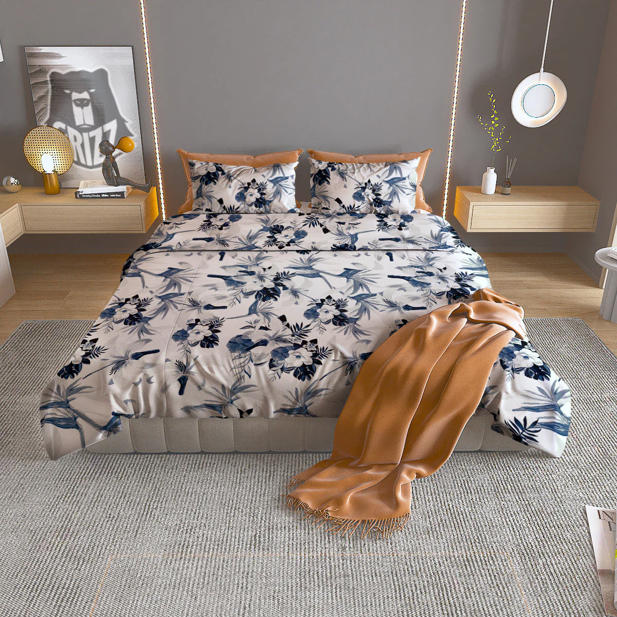Hibiscus Floral White And Blue Print Pattern Duvet Cover Bedding Set